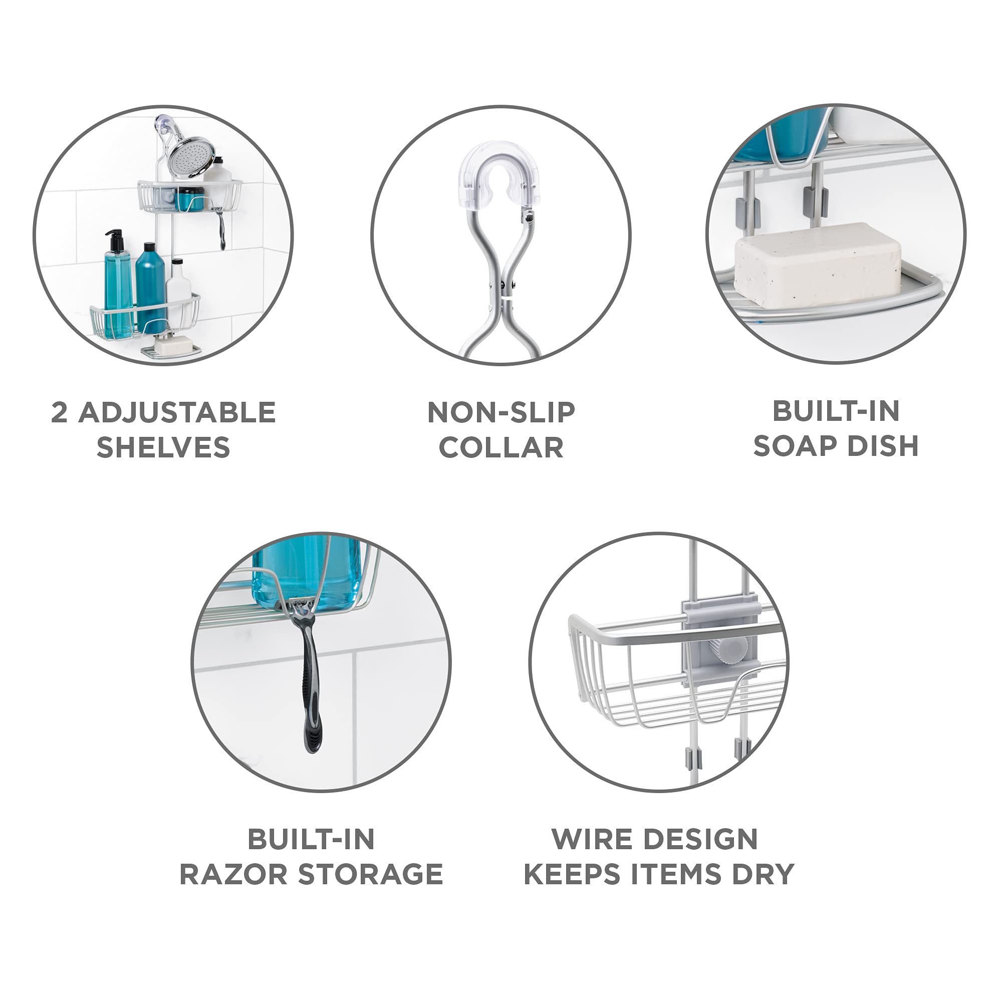 Zenna Home Neverrust Aluminum Adjustable Hanging Shower Caddy, Satin Chrome