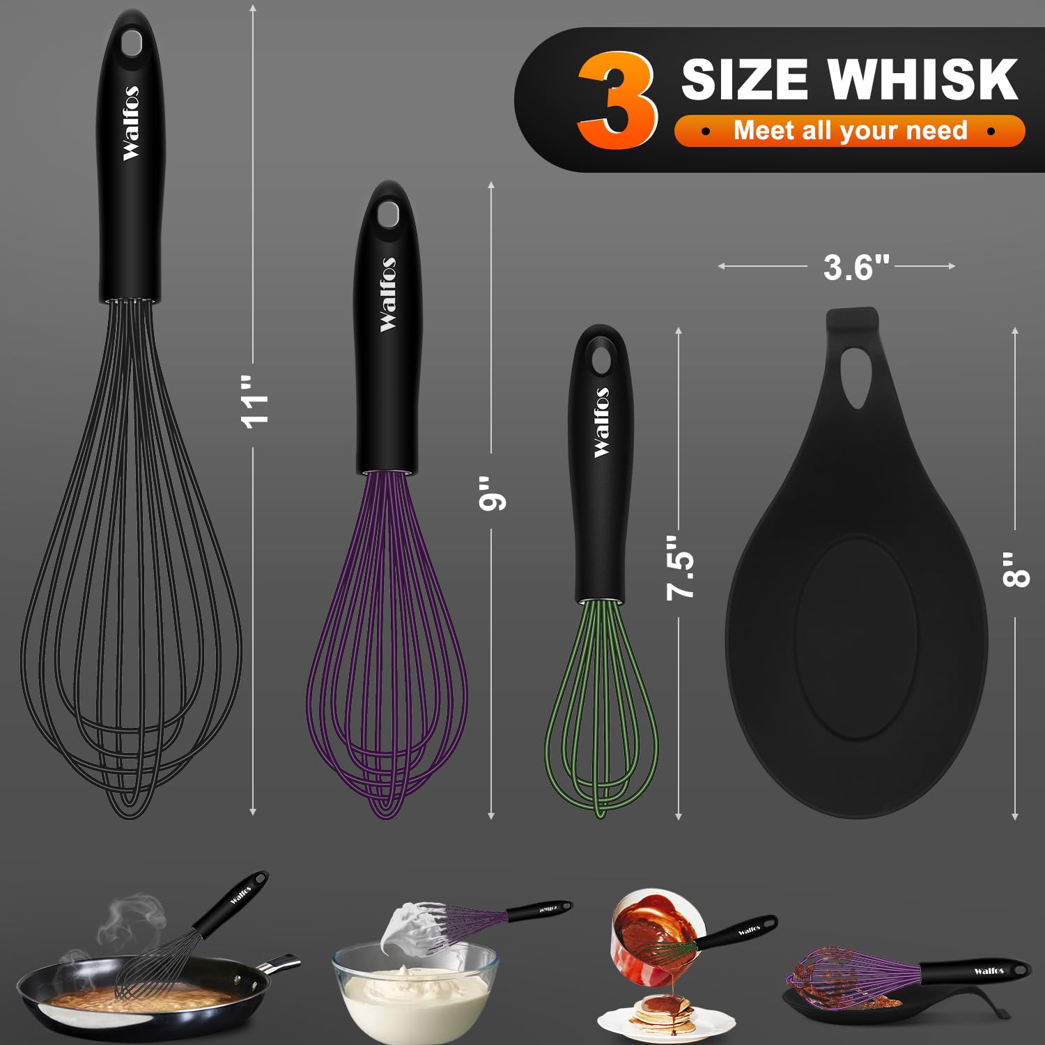 Walfos Silicone Whisk With 8In Rest,Whisks For Cooking Non Scratch,7.5+9+11In Whisk For Nonstick Cookware,Dishwasher Safe,Rest F