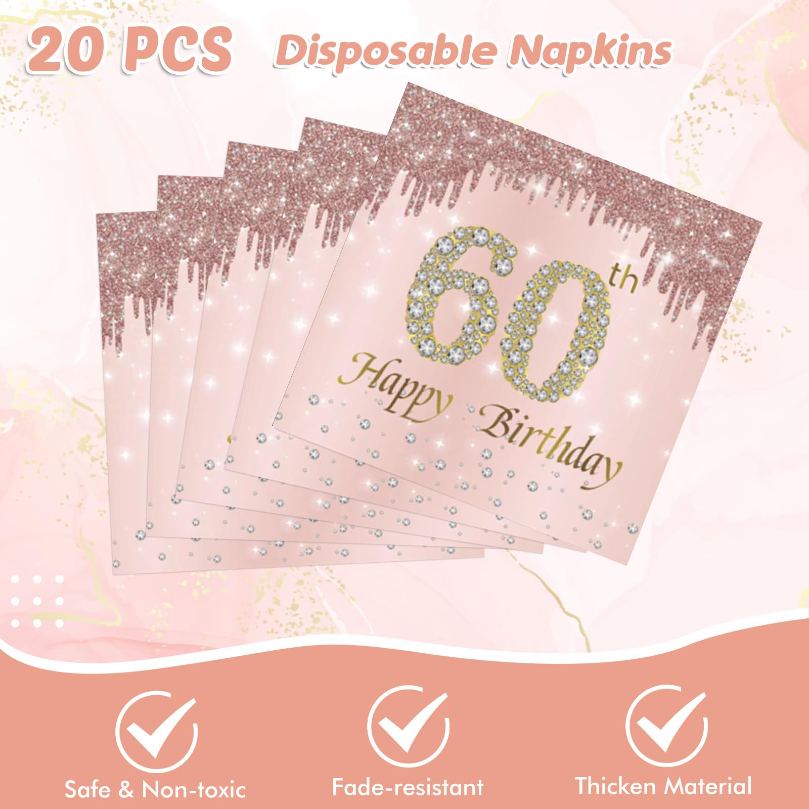 41Pcs 60Th Birthday Decorations, Rose Gold Birthday Party Supplies Include 20Pcs Plates 20Pcs Napkins And 1Piece Tablecloth, Swe