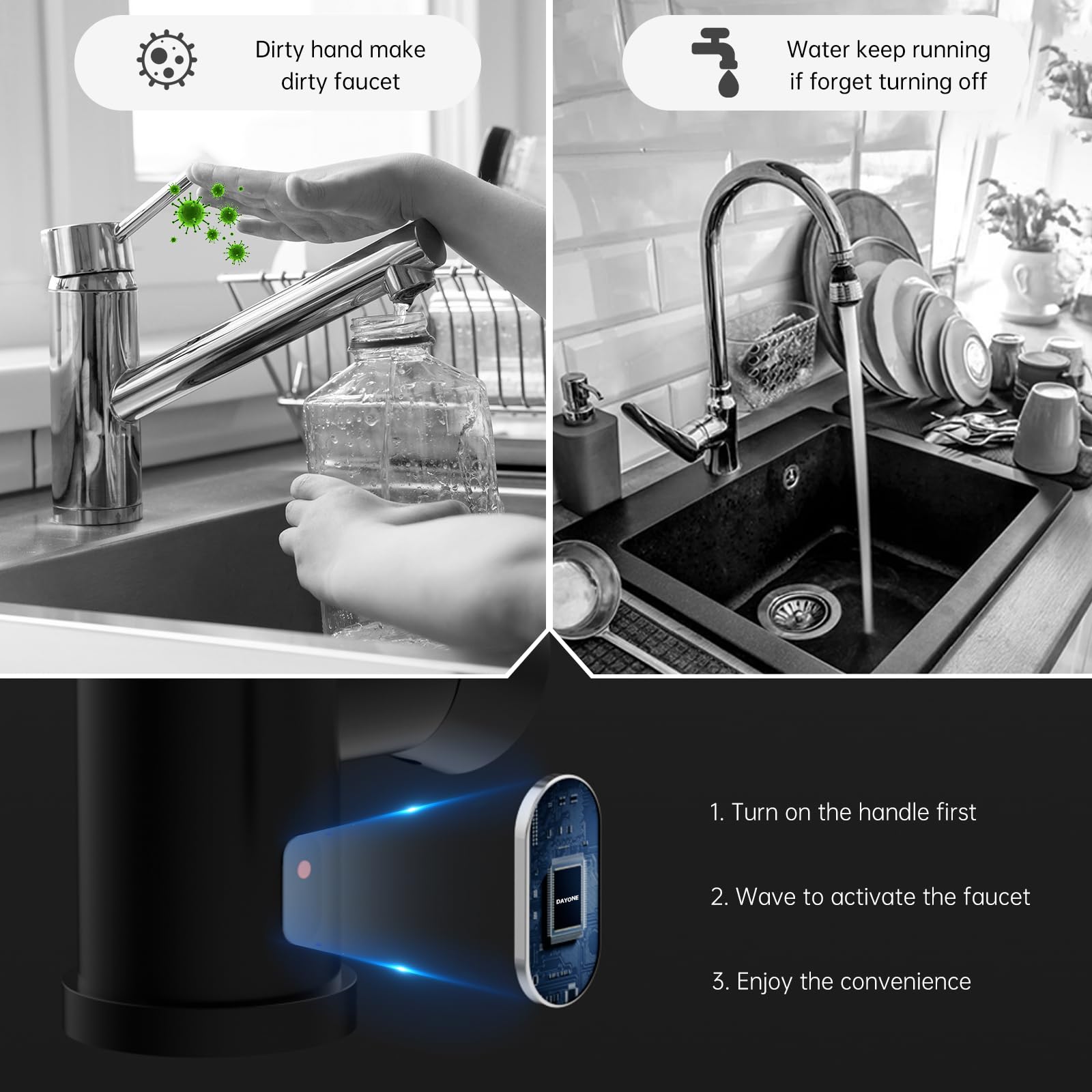 Dayone Matte Black Touchless Kitchen Sink Faucet With Pull Down Sprayer And Soap Dispenser, Stainless Steel Motion Sensor Touch