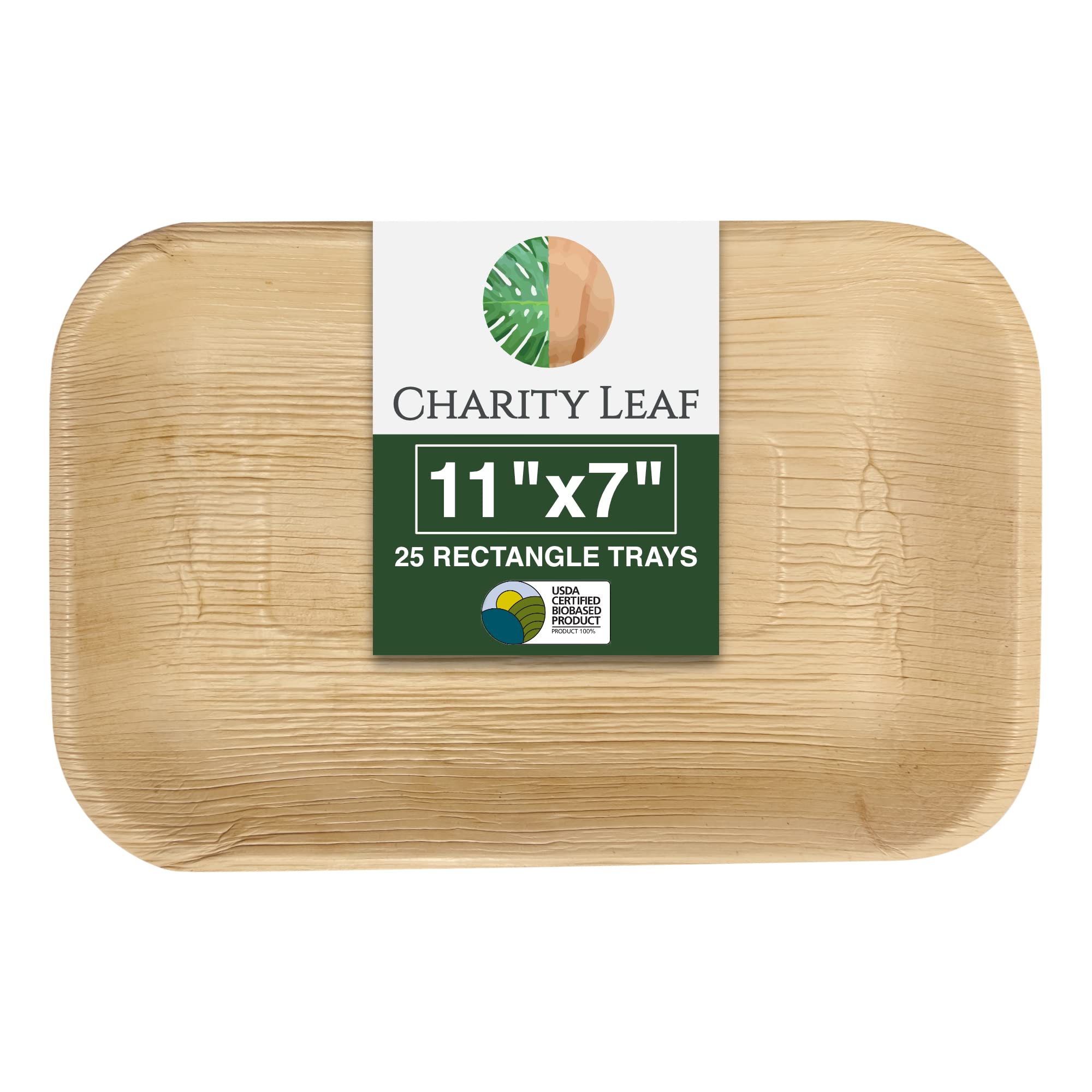 Charity Leaf Eco-Friendly Palm Leaf Trays - 11''X7'' (25-Pack) | Bamboo-Style, Disposable Serving Platters | Perfect For Wedding