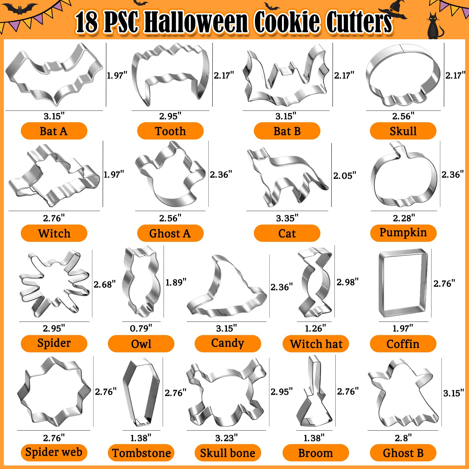 18 Pcs Halloween Cookie Cutters Set, Bat Cookie Cutter Ghost Cookie Cutter Shapes, Bat Skull Tooth Witch Ghost Cat Pumpkin Spide
