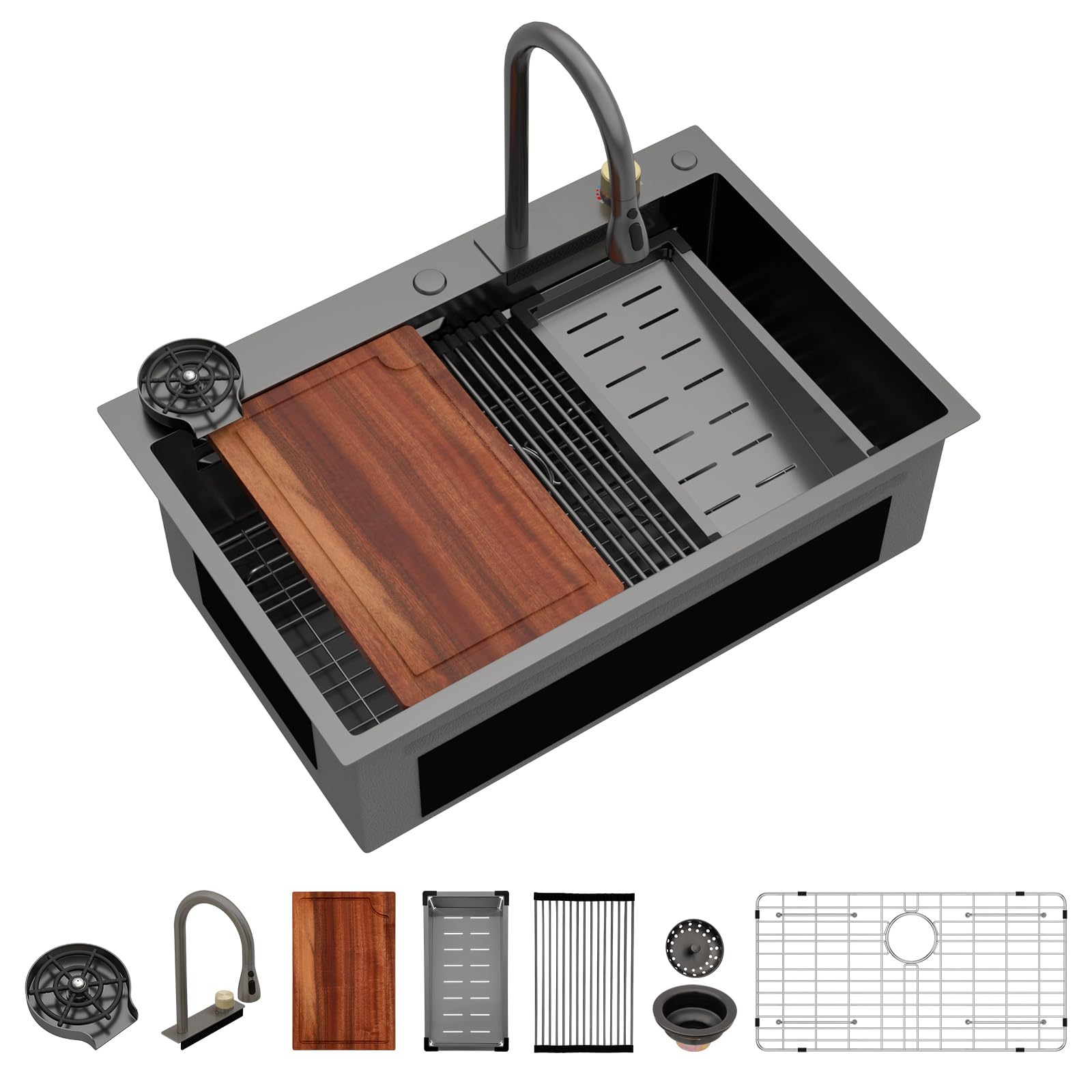 Logmey 33 Drop In Kitchen Sink Waterfall Black Nano Coating 33X22 Inch 16 Gauge Stainless Steel Kitchen Sinks Single Bowl Workst