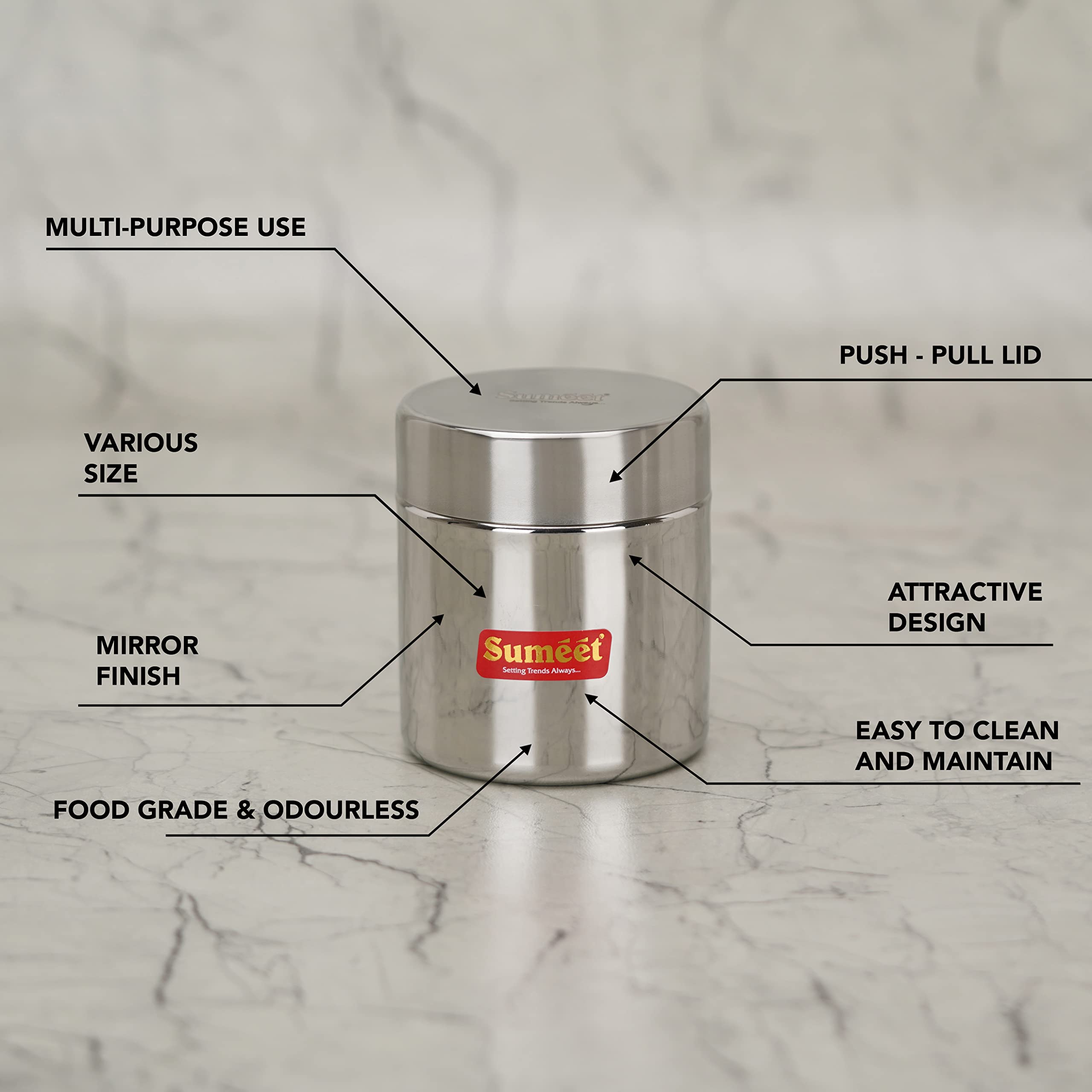 Sumeet Stainless Steel Small Canisters/Jars/Ubha Dabba/Storage Containers Set Of 3Pcs, 350 Ml Capacity Each, 7.5Cm Dia, Silver