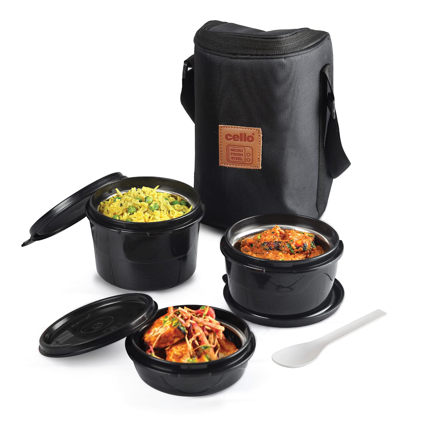 Cello All In One Lunch Box With Fabric Bag, Black | 3 Microwave Safe Insulated Inner Steel Containers (550Ml,375Ml,225Ml)| Food 