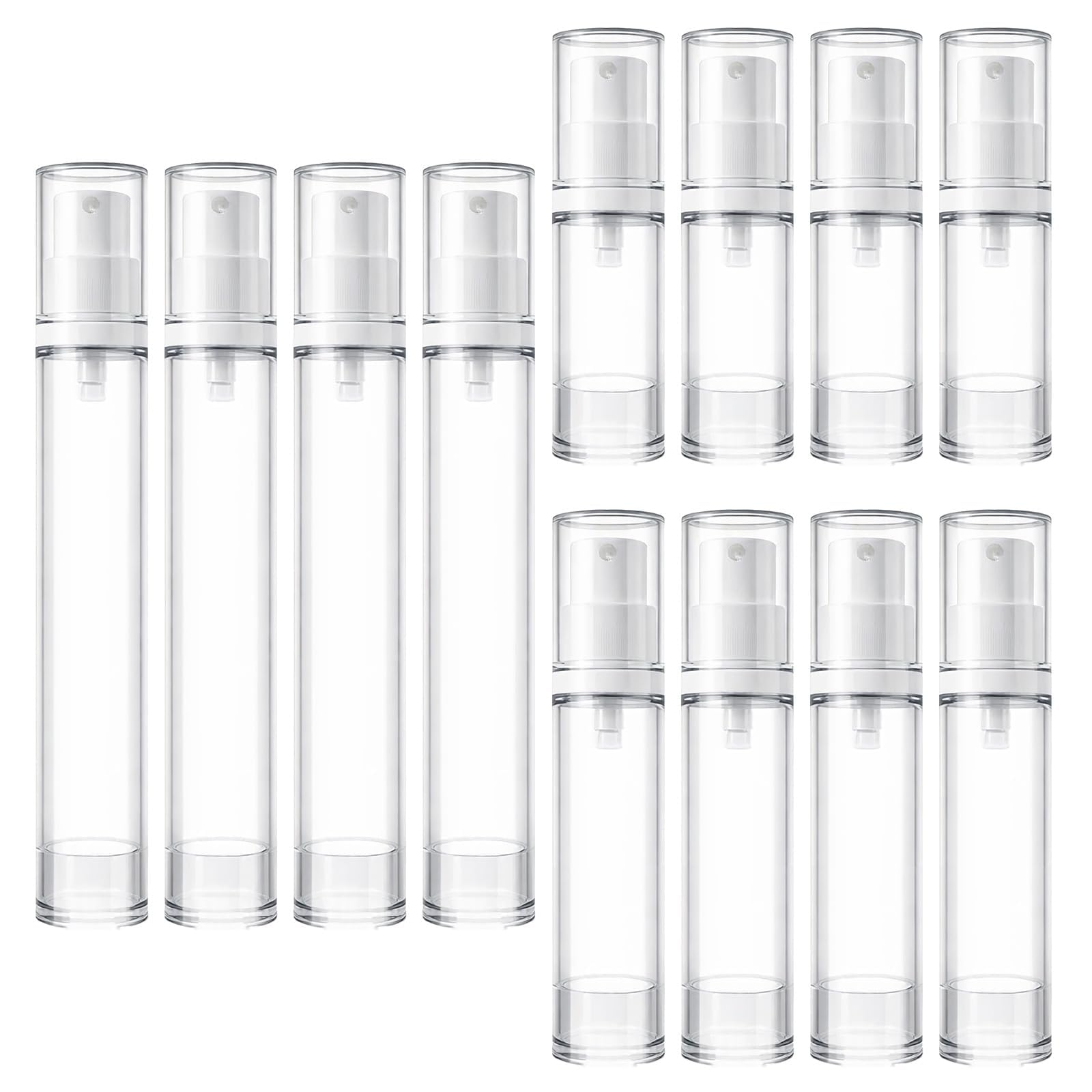 12 PCS Airless Pump Bottles Travel Set, 5ml 10ml 15ml Empty Refillable Vacuum Pump Bottle, Plastic Press Travel Container for Fo
