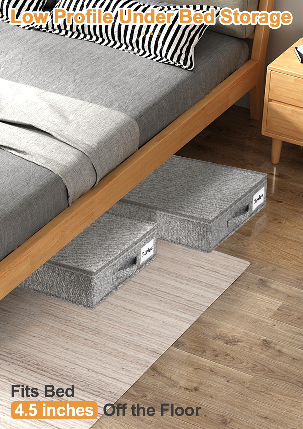 punemi Under Bed Storage Containers, 2 Pack 4.5 Inch Tall Low Profile Underbed Clothes Storage Organizer Bin with Sturdy Side &