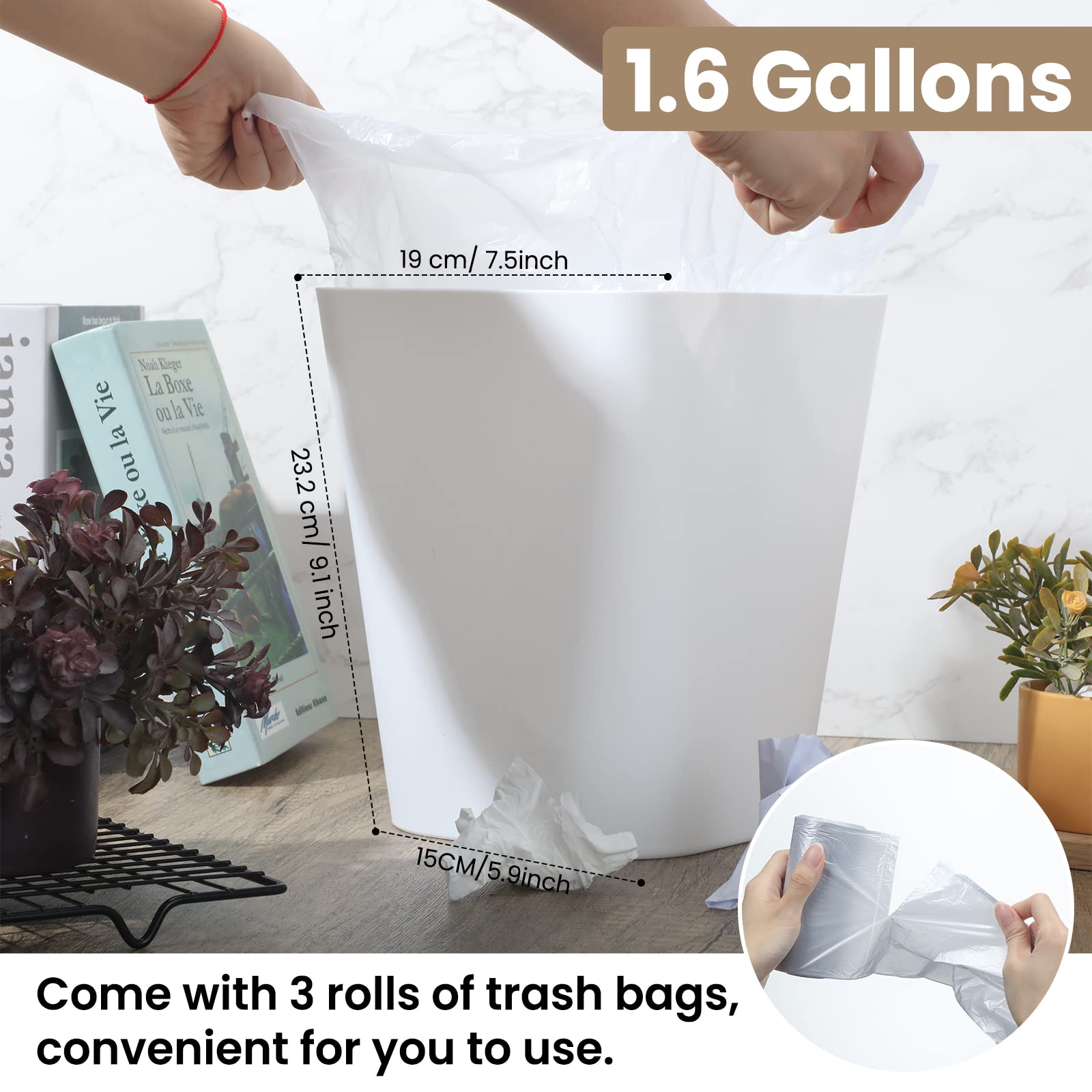 Eccliy 6 Pack Plastic Trash Can With 3 Rolls Of Trash Bags Small Wastebasket Trash Can Garbage Container Bin, Trash Bin For Bath