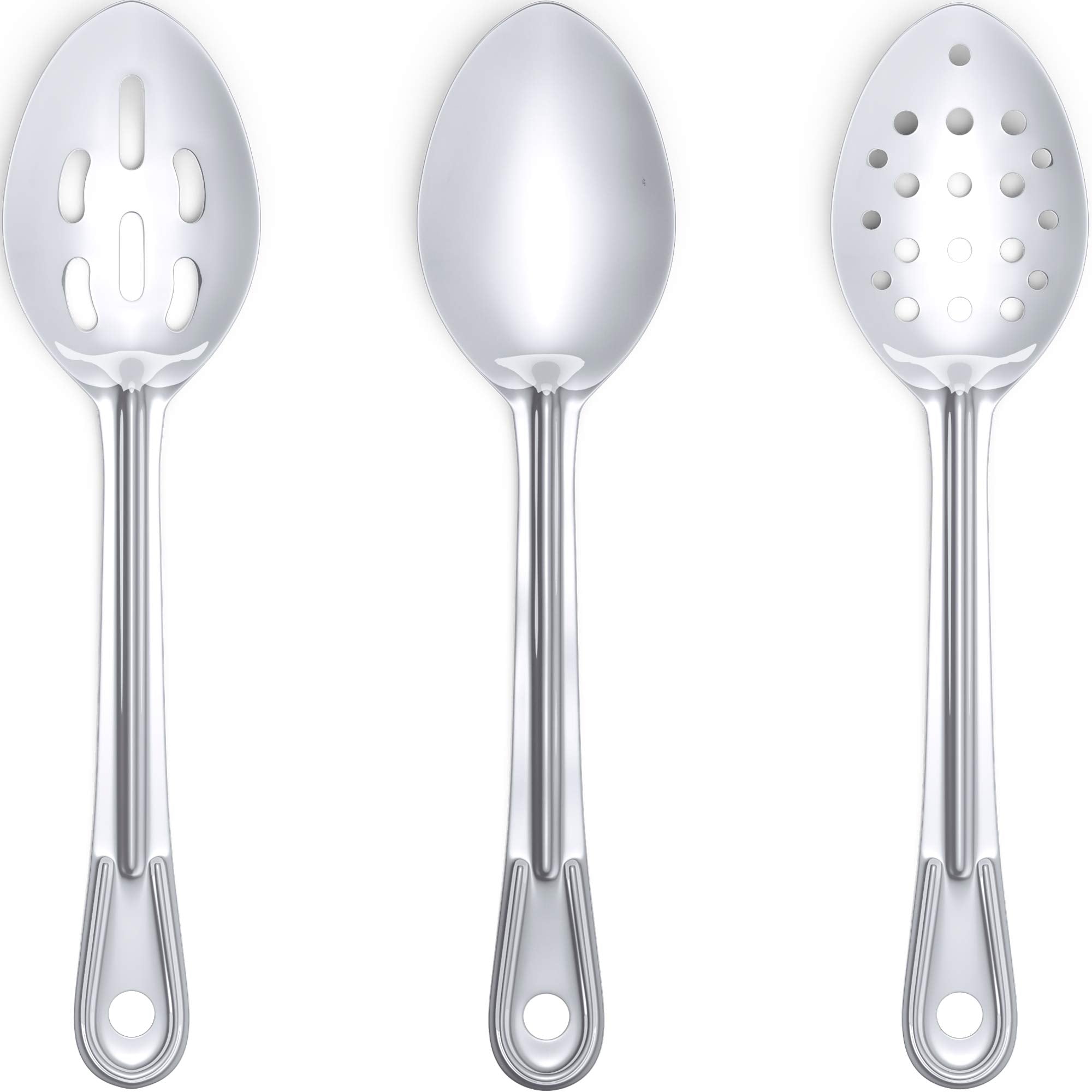 Super Strong, Ergonomic 11 in Serving Spoon 3 Pk. Big, Stainless Steel Spoons for Cooking, Baking, Stirring and Basting. Best Ki