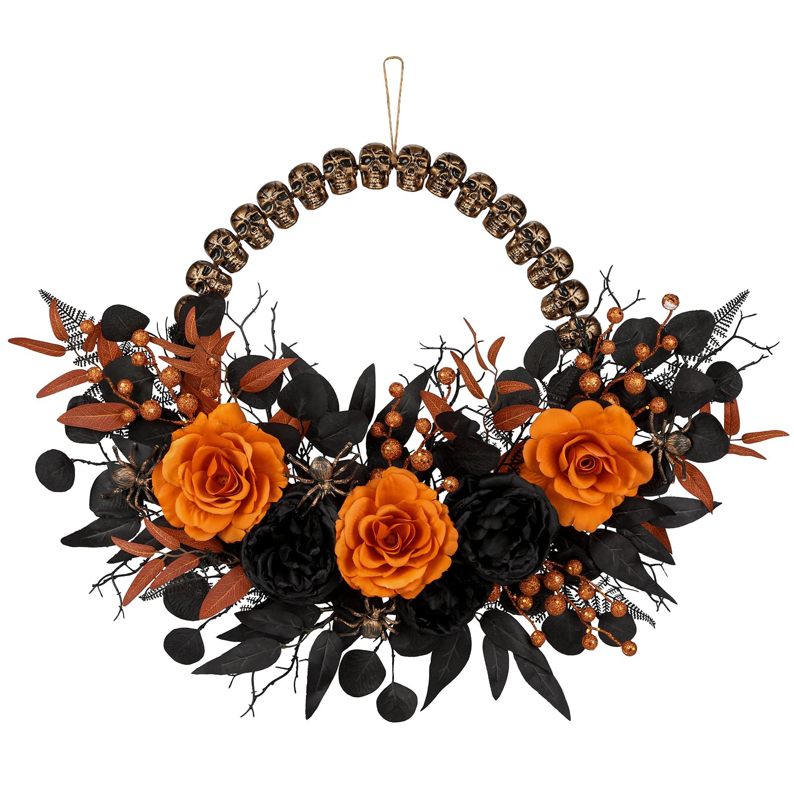Halloween Wreath for Front Door 26 Black and Orange Peonies with Skull Base for Fall Autumn Indoor Window Door Thanksgiving Hall