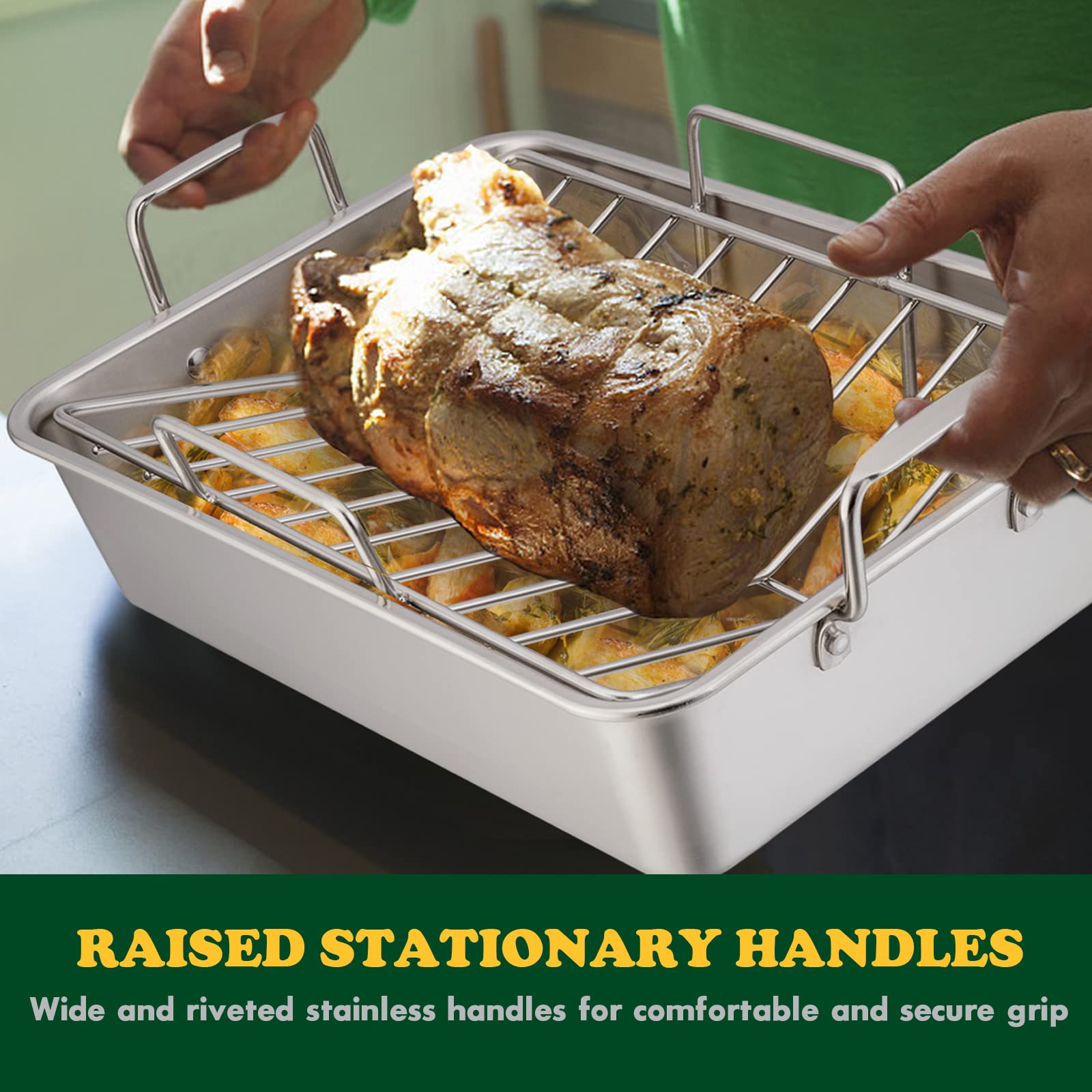 Roasting Pan, E-Far 16 X 11.5 Inch Stainless Steel Turkey Roaster With Rack - Deep Broiling Pan & V-Shaped Rack & Flat Rack, Non
