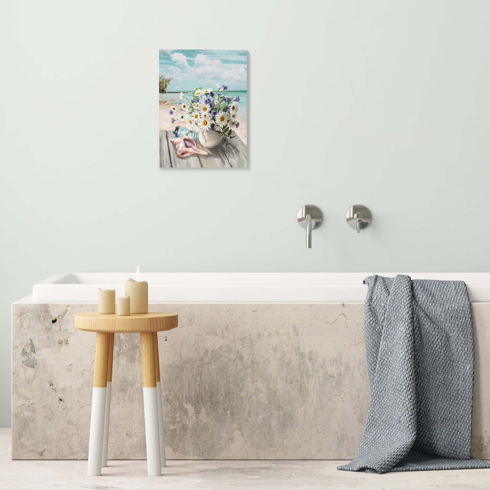 Hgtusjhc Bathroom Canvas Wall Art Flowers Theme Beach Modern Wall Decor Daisy Painting Pictures Framed Artwork For Bedroom Water