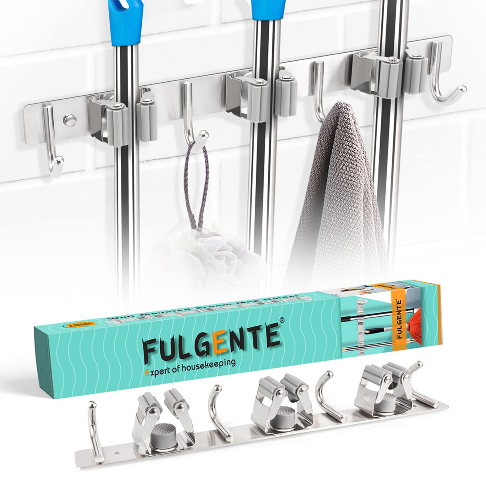 FULGENTE Broom Mop Holder, Wall Mount Storage Cleaning Tools Organizer for Laundry Garage Garden Bath Kitchen, Screw-In Heavy Duty Stainless Steel Utility Rack Hanging Shelf (3 Racks 4 Hooks)-New Condition