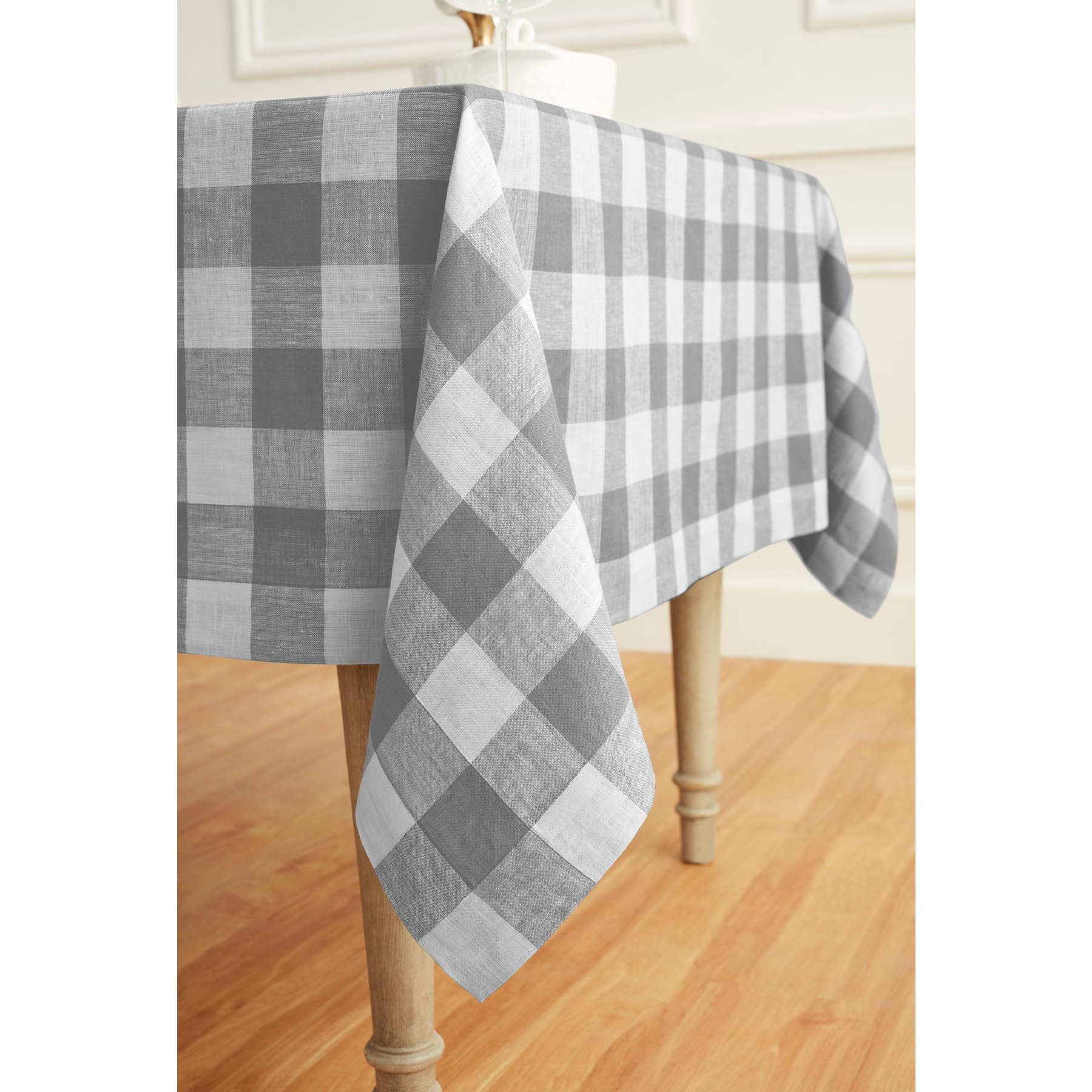 Solino Home Buffalo Check Linen Tablecloth 90 ''L X 60 ''W Inch - 100% Pure Linen Grey And White Table Cloth For Rectangle Table