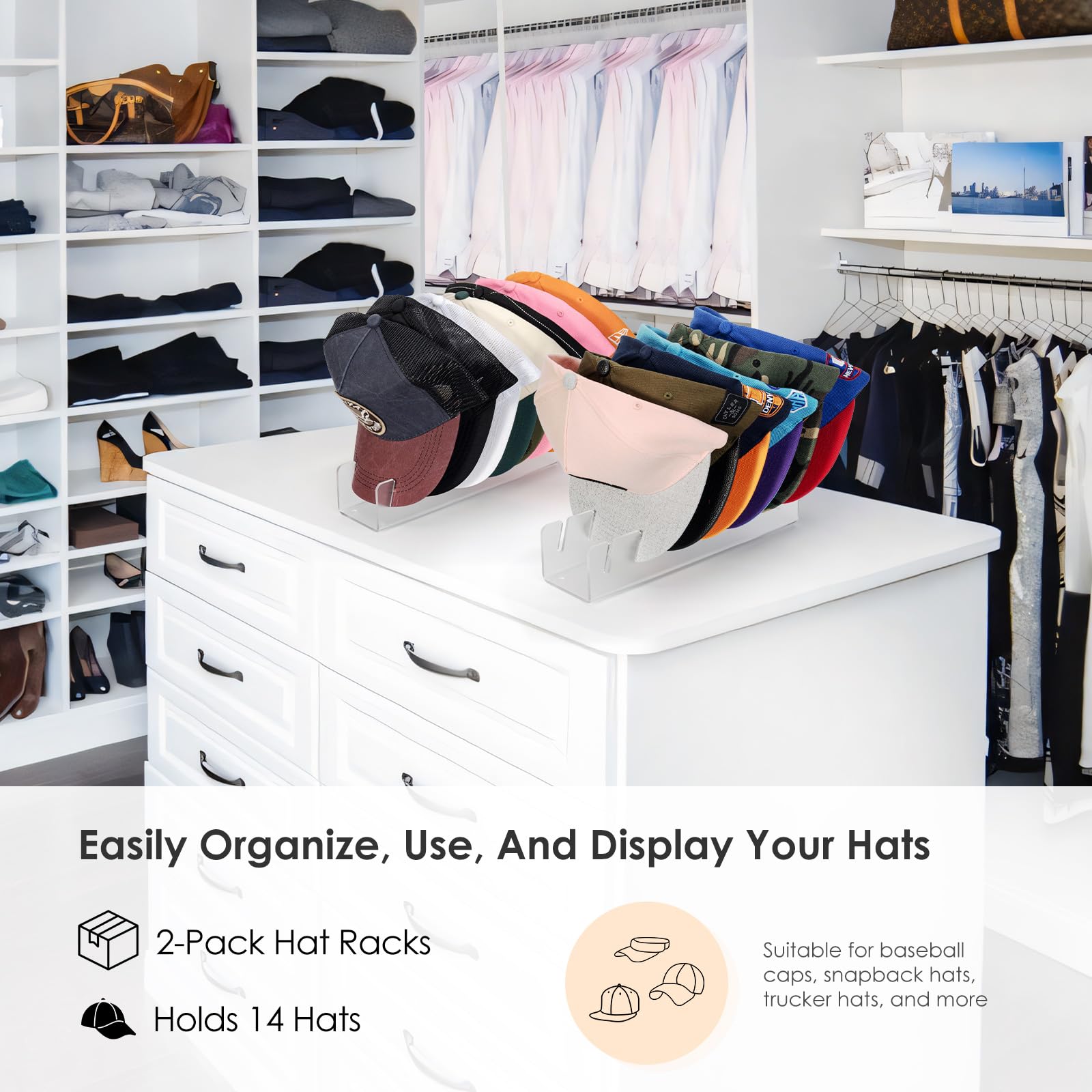 Hayvan Hat Stand For Baseball Caps Display And Organizer - No Install Hat Organizer 2 Pack Holds 14 Baseball Caps For Closet, Be