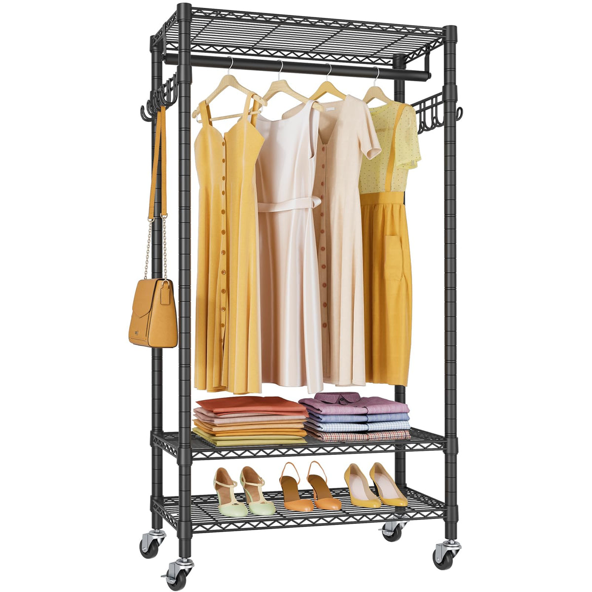 Vipek R1 Medium Rolling Clothes Rack Portable Garment Rack For Hanging Clothes, 3 Wire Shelves Freestanding Heavy Duty Clothing