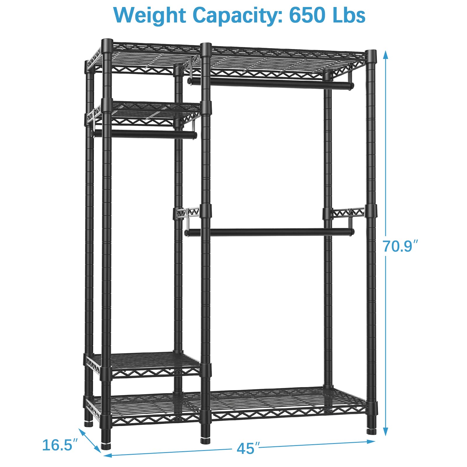 VIPEK V2S Garment Rack Heavy Duty Commercial Grade Clothes Rack  4 Tiers Adjustable Wire Shelving Clothing Racks with 3 Hanging Rods  Freestanding Closet Metal Wardrobe Closet  Max Load 650LBS  Black