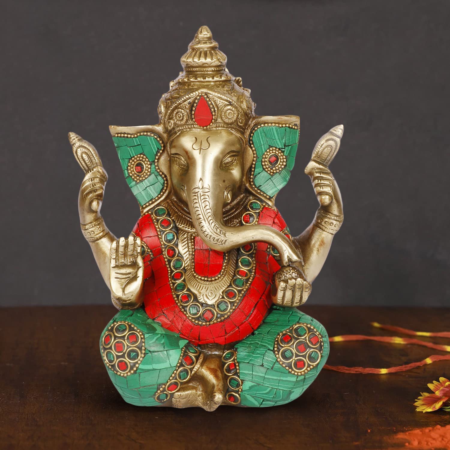 Artvarko Ganesha Statue Idol Brass With Turquoise Taj Ganesh Idol Sculpture For Home Pooja Entrace Dcor Good Luck Vastu Decorati