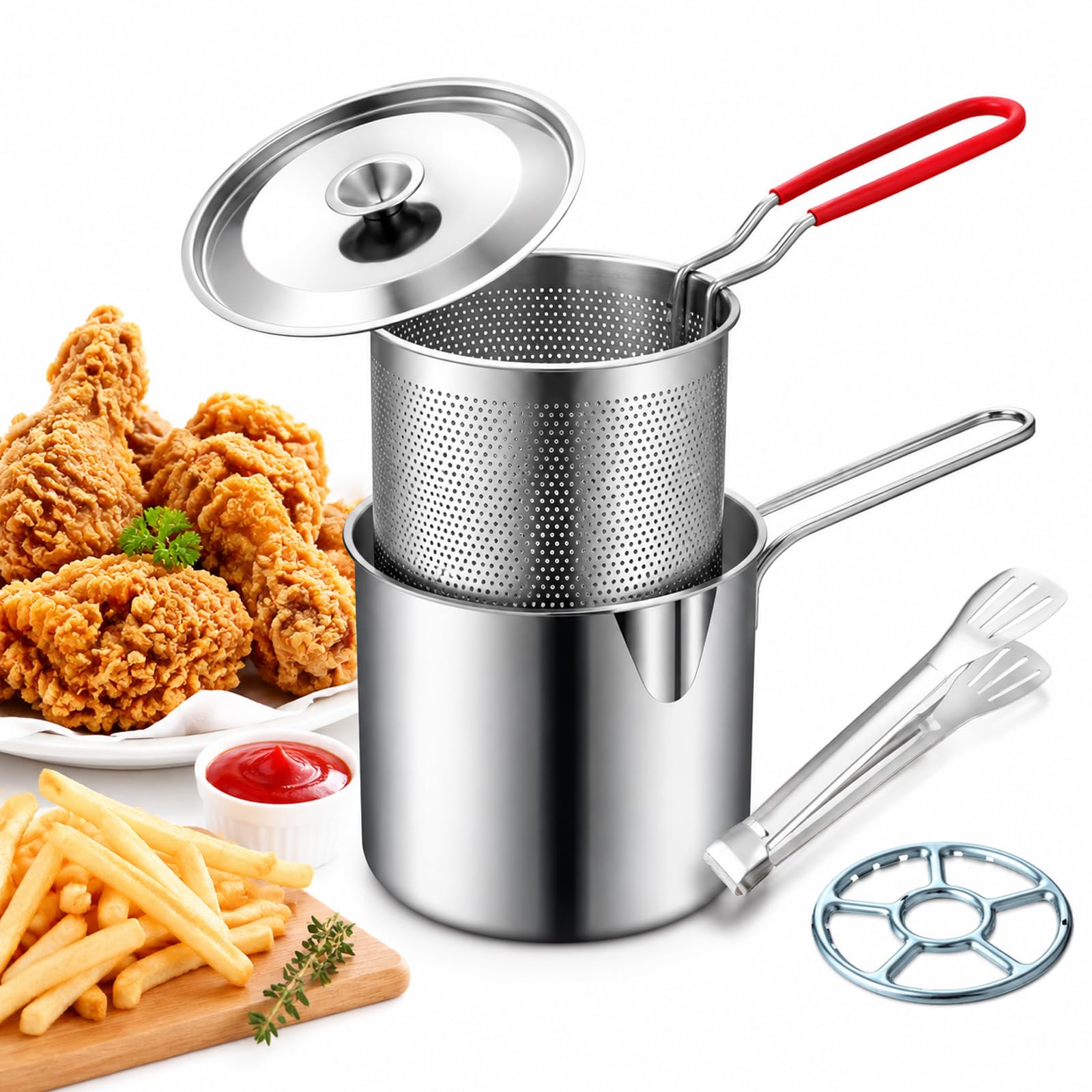 304 Stainless Steel Deep Fryer Pot with Basket & Strainer, Mini Fryer, 1