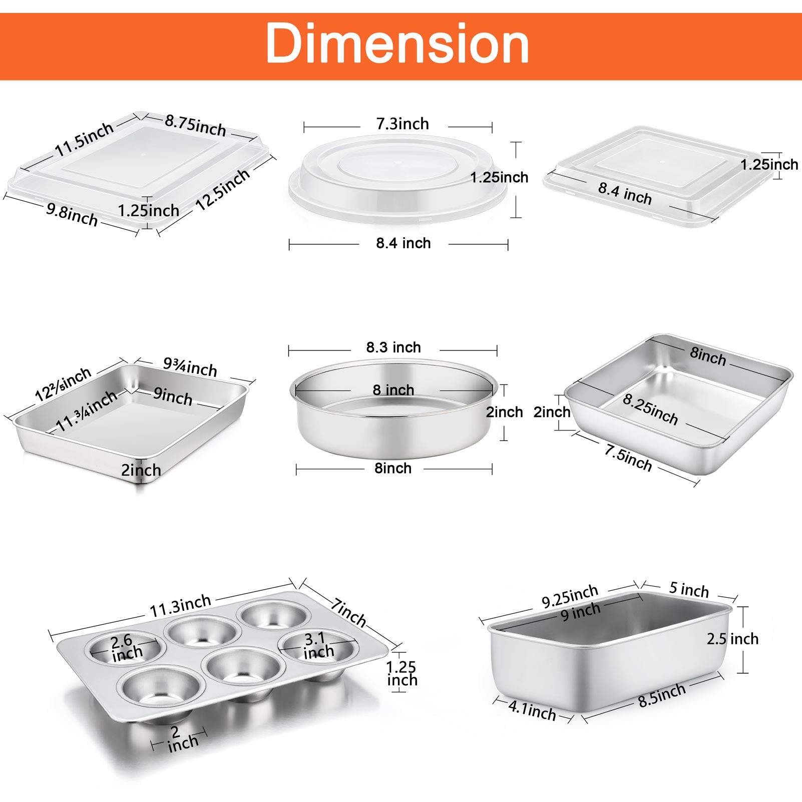Teamfar Stainless Steel Bakeware Set Of 8, Baking Roasting Pan Set With Lid, Lasagna Pan With Lid, Square & Round Cake Pan, Loaf