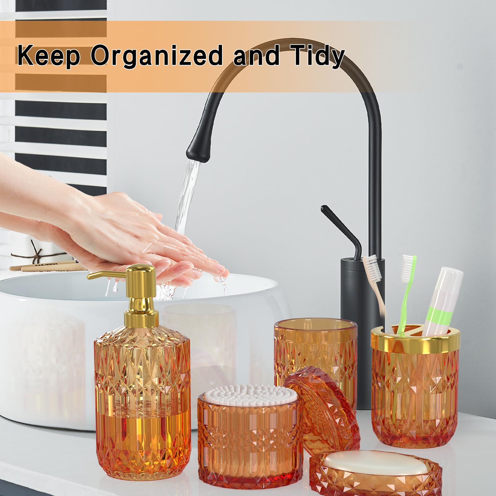 Orange Bathroom Accessories Set, 5 Pcs Glass Bathroom Accessories With Lotion Soap Dispenser, Soap Dish, Toothbrush Holder, Tumb