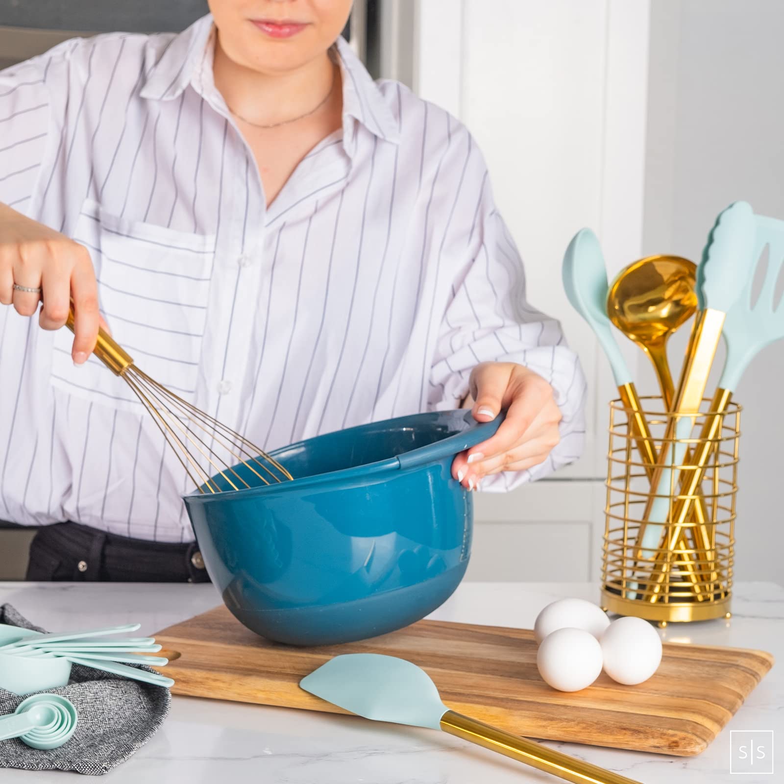 Teal Kitchen Utensils Set With Holder - 17Pc Teal & Gold Cooking Utensils For Nonstick Cookware Includes Gold Utensil Holder - T