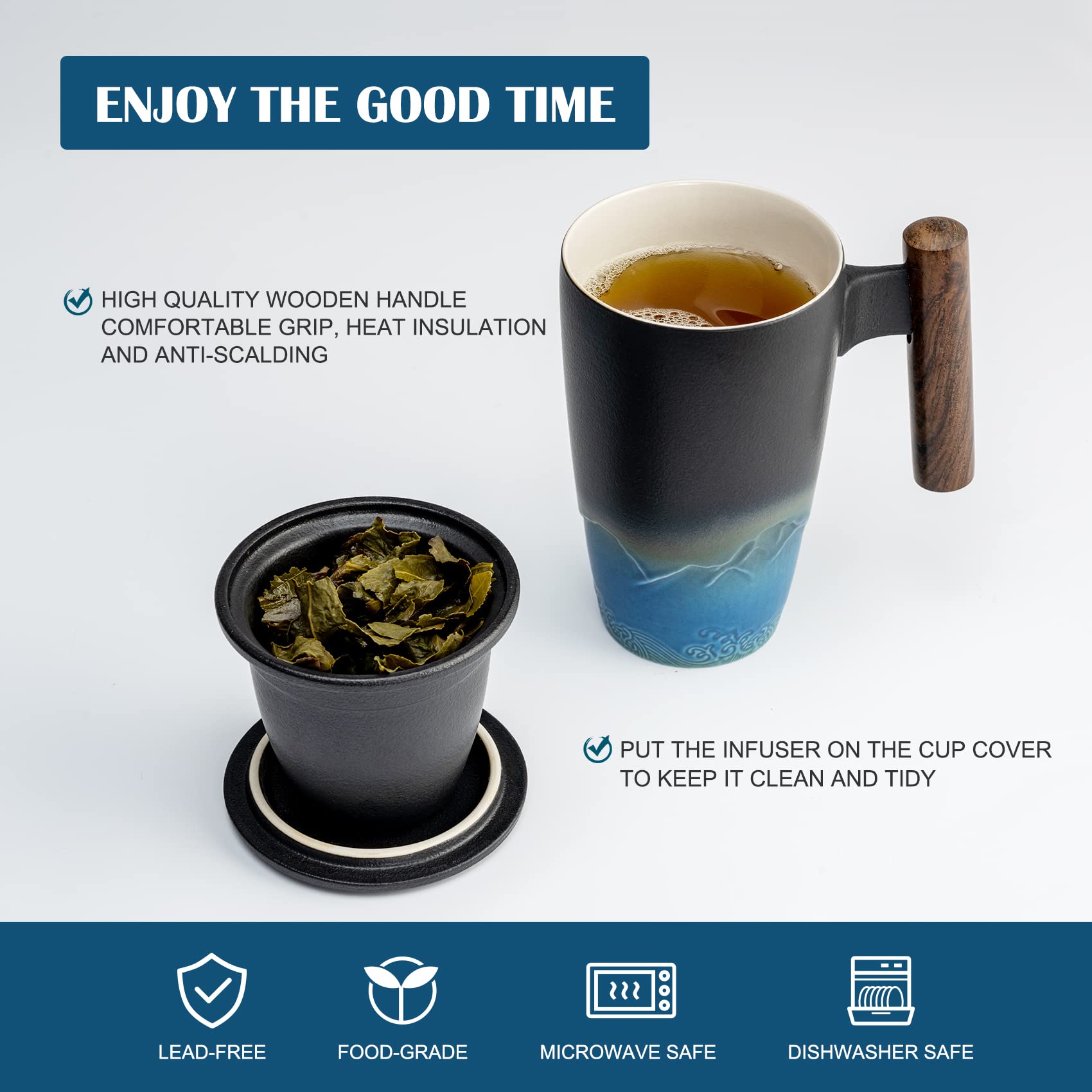 Suyika Tomotime Ceramic Tea Cup With Infuser And Lid Tea Mugs Wooden Handle 400Ml/13.5Oz Black Cyan