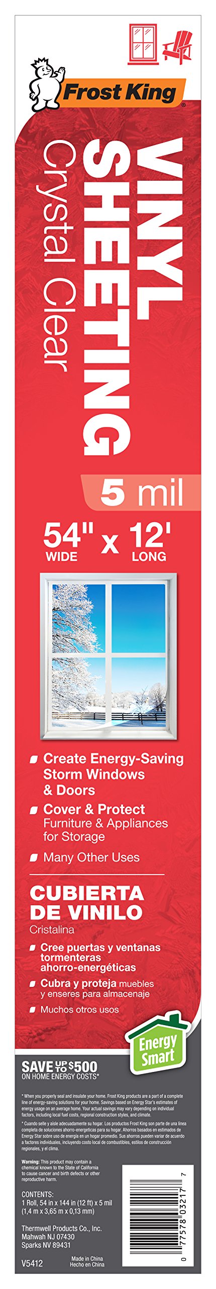 Frost King V5412 Crystal Clear Vinyl Sheeting-Packaged Rolls, 54'' X 12 Ft X 5 Mil