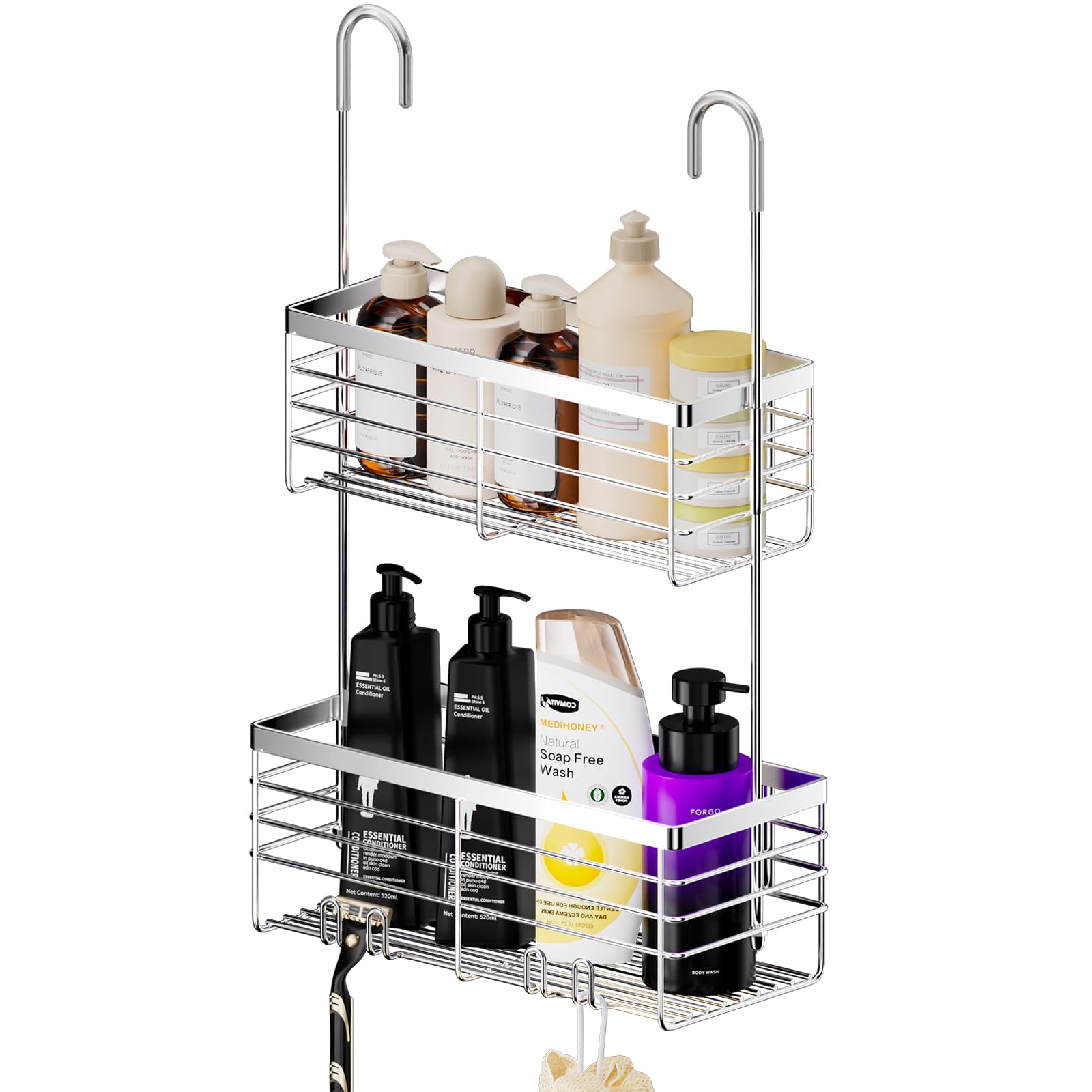 Shanshui Shower Hanging Caddy, Double Bathroom Shower Organizer Basket, Shampoo Bracket, Over Door Shower Rack With Hooks, 304 S