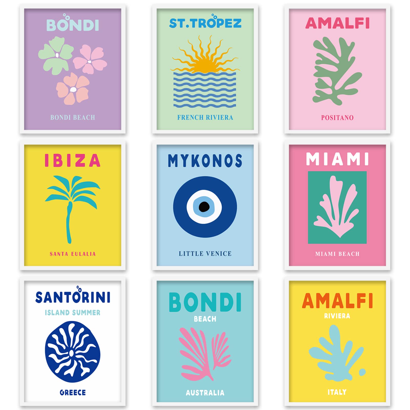 Whaline 9Pcs Preppy Travel Wall Art Prints Preppy Room Decor Abstract Aesthetic Preppy Room Decor Colorful Minimalist Unframed A