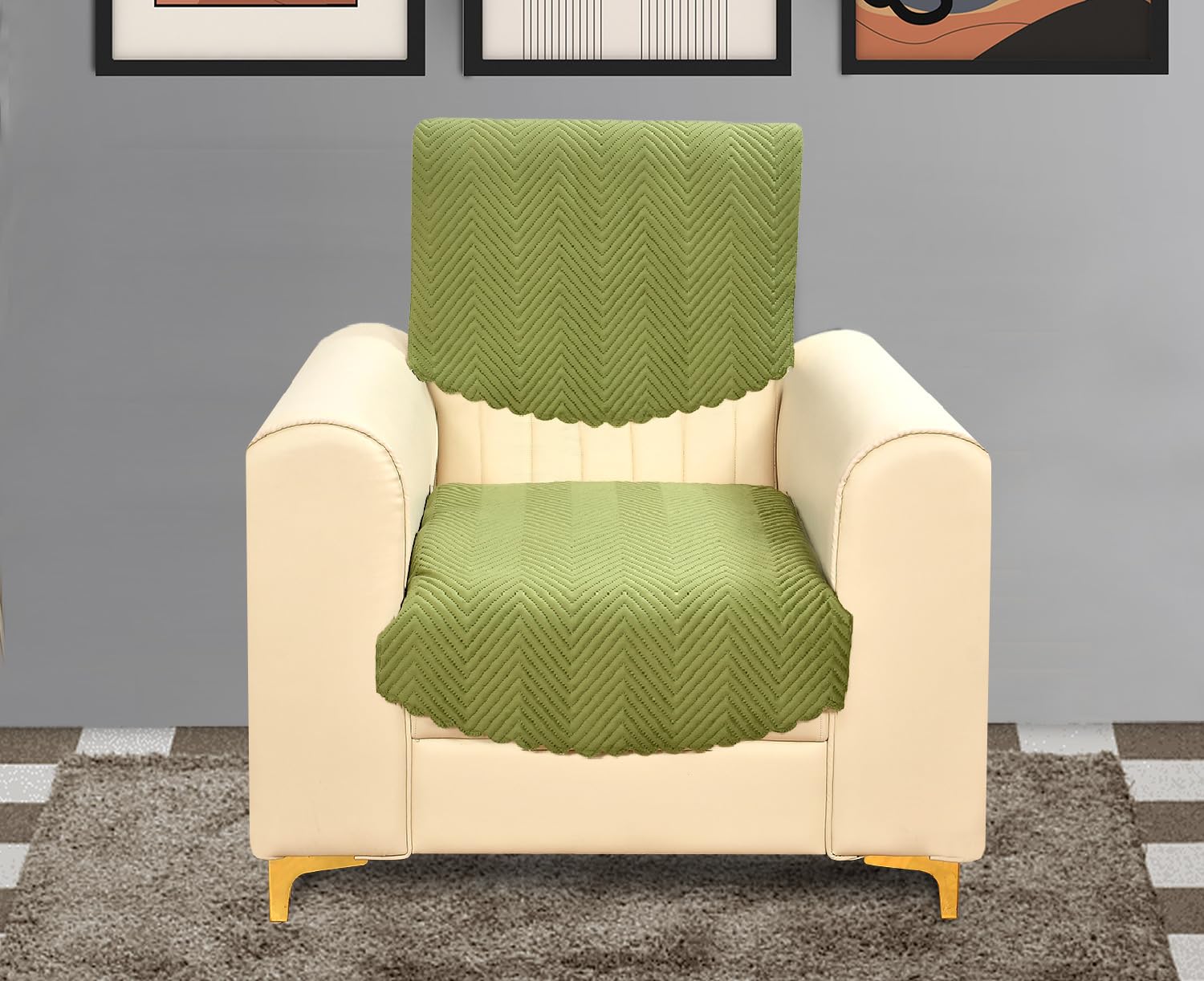 Yellow Weaves Velvet 1 Seater Quilted Sofa Chair Cover, Seat & Back Cover, Color - Pea Green
