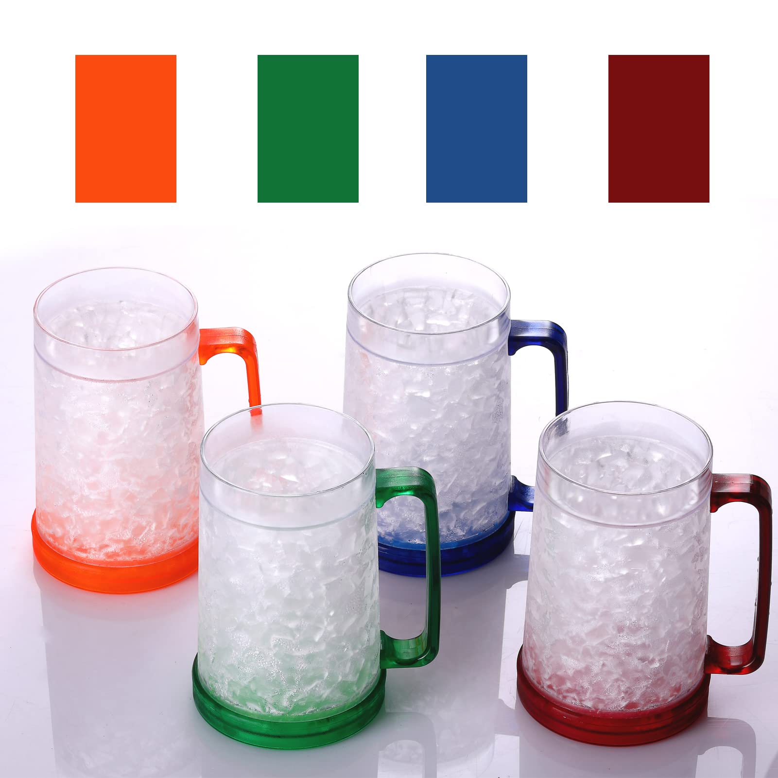 Easicozi Double Wall Gel Frosty Freezer Ice Mugs Clear 16Oz Set Of 4 (Blue, Red, Orange And Green)
