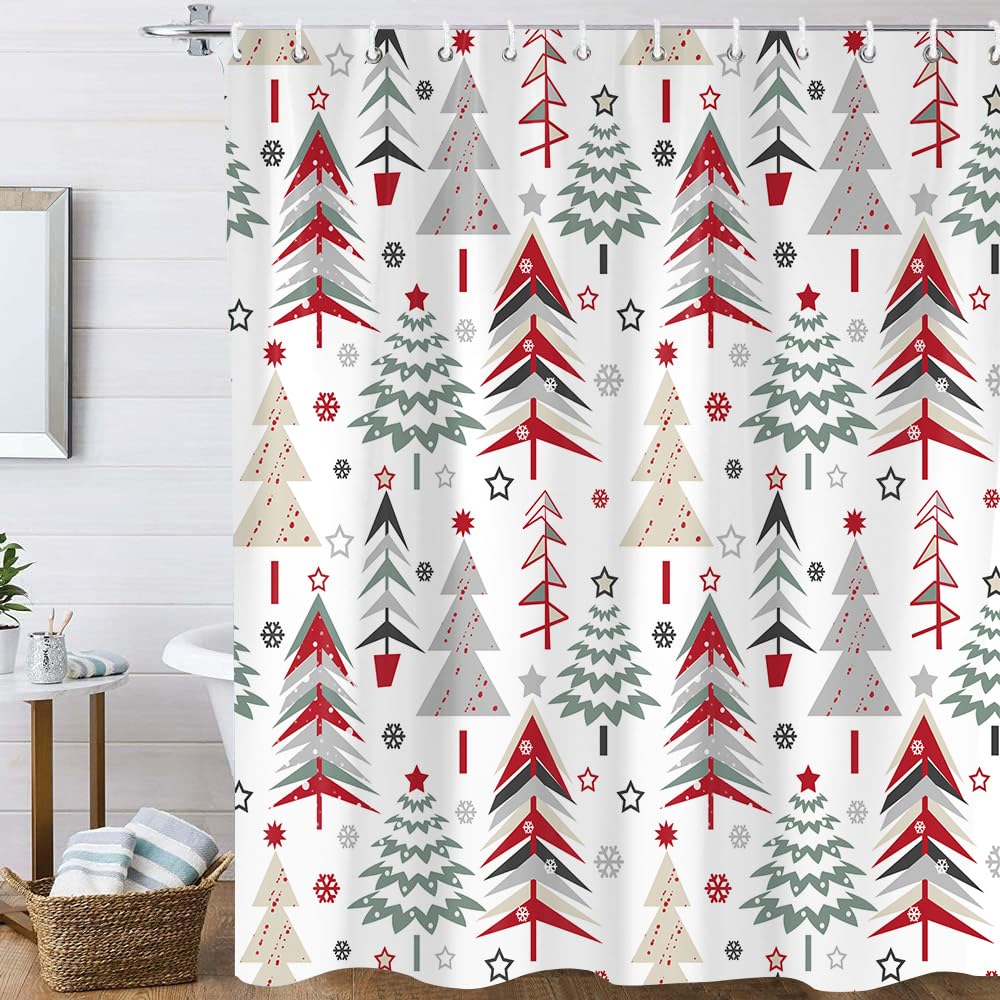 PAOPOED Christmas Tree Shower Curtain 72"x72" Waterproof Polyester Bathroom Curtain Set with Hooks, Model SC114