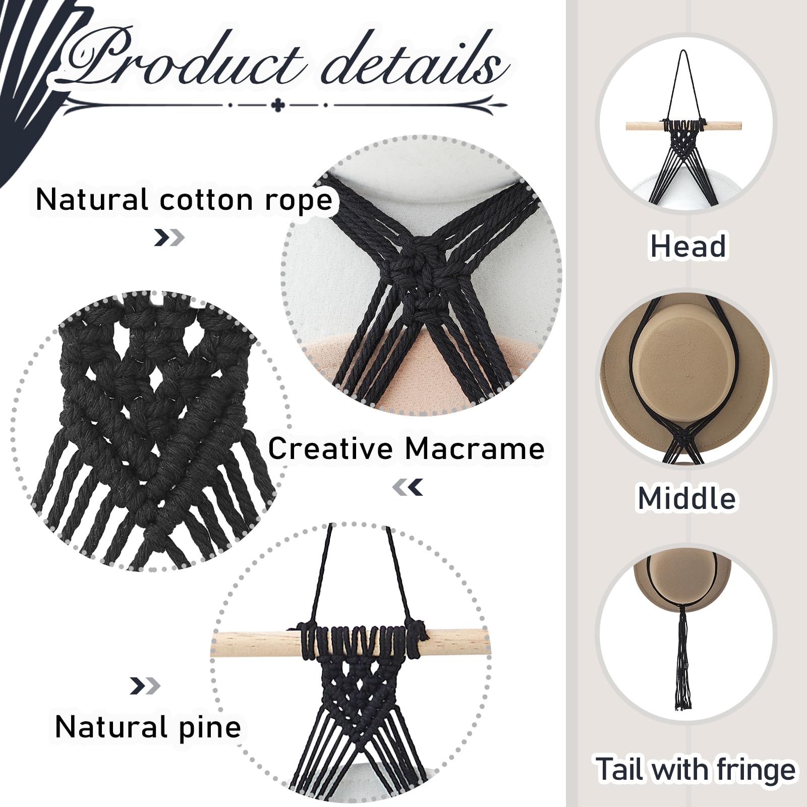 Yulejo Macrame Hat Hangers Boho Hat Rack Cowboy Hat Hanger Back Of Door Hat Organizer (Black,Four Hats Style)