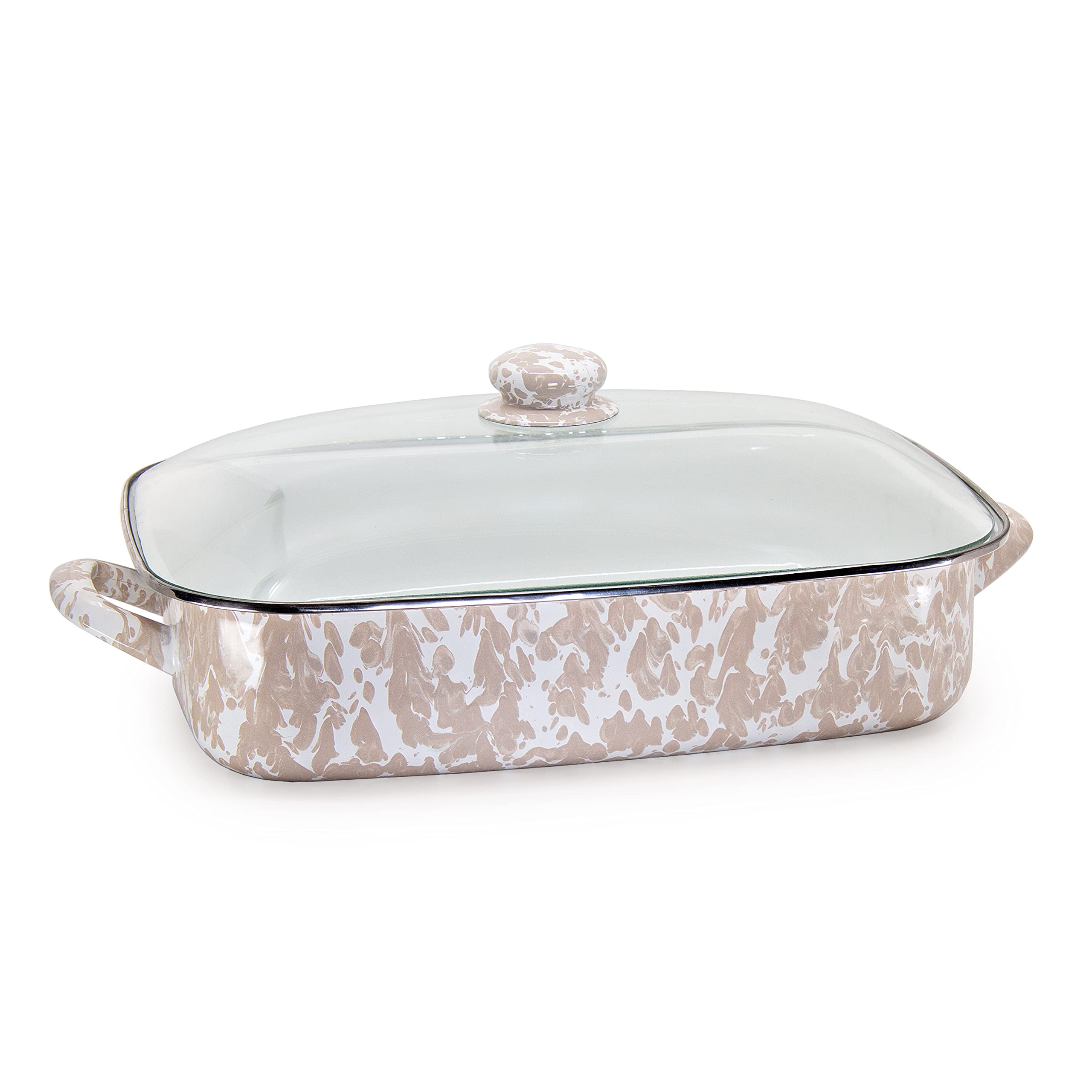 Golden Rabbit Enamelware Roasting Pan with Lid, 10.5 quarts, Taupe Swirl