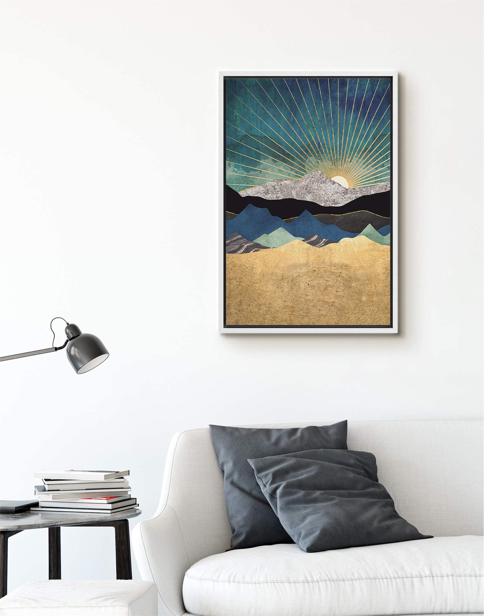 Signford Framed Canvas Print Wall Art Sun Peeks Over Granite Mountain Range Abstract Wilderness Illustrations Modern Art Scenic