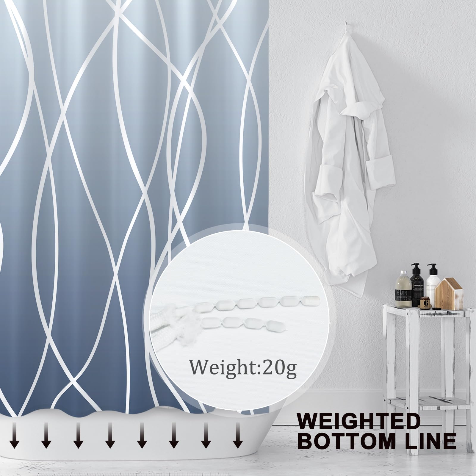 Punkray Ombre Blue Shower Curtain For Bathroom With Hooks,White Shower Curtain Set,Stripe Bath Curtains Decorative Shower Curtai