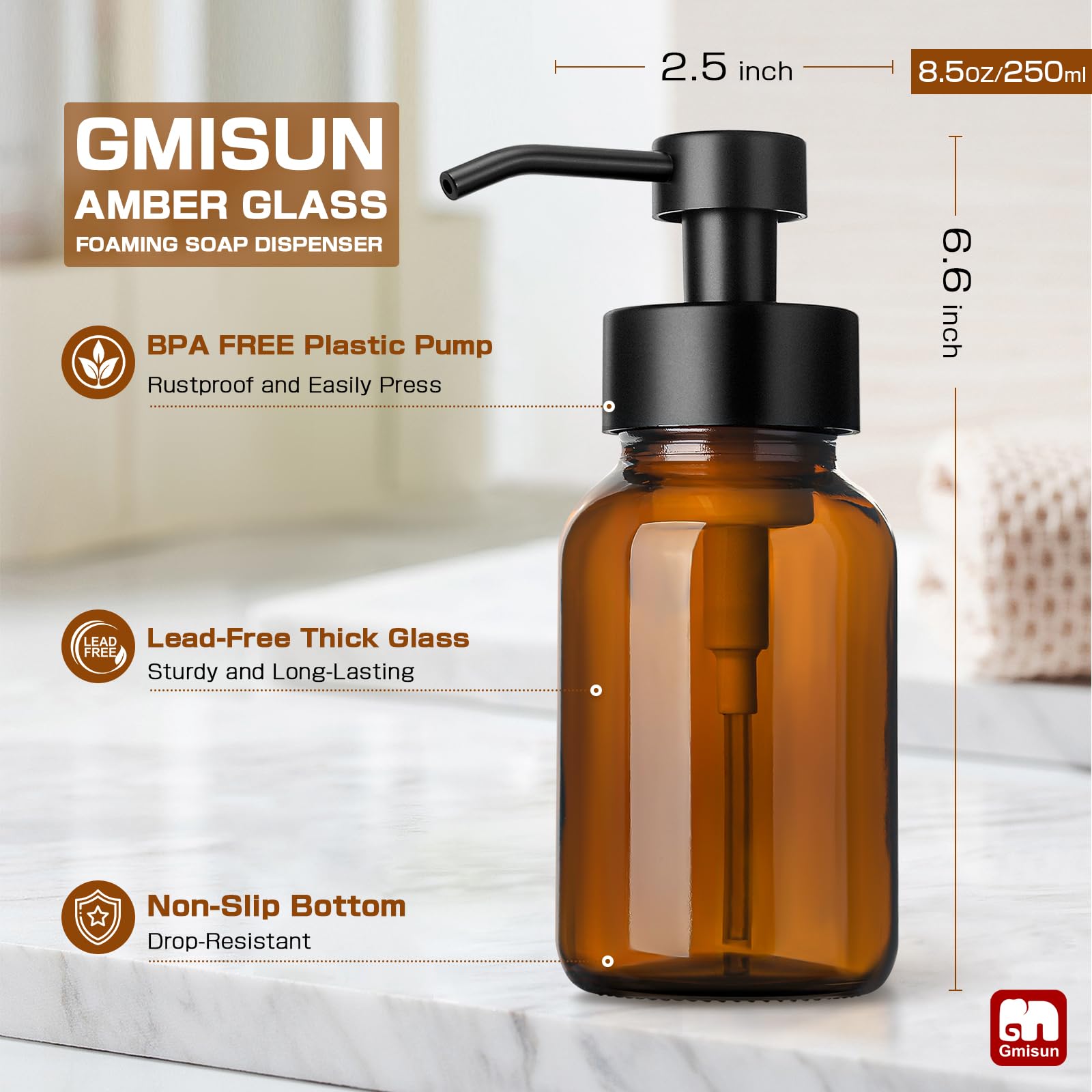 Gmisun Foam Soap Dispenser, 8.5 Oz Amber Glass Foaming Soap Dispenser For Bathroom & Kitchen, Modern Refillable Foaming Hand Soa