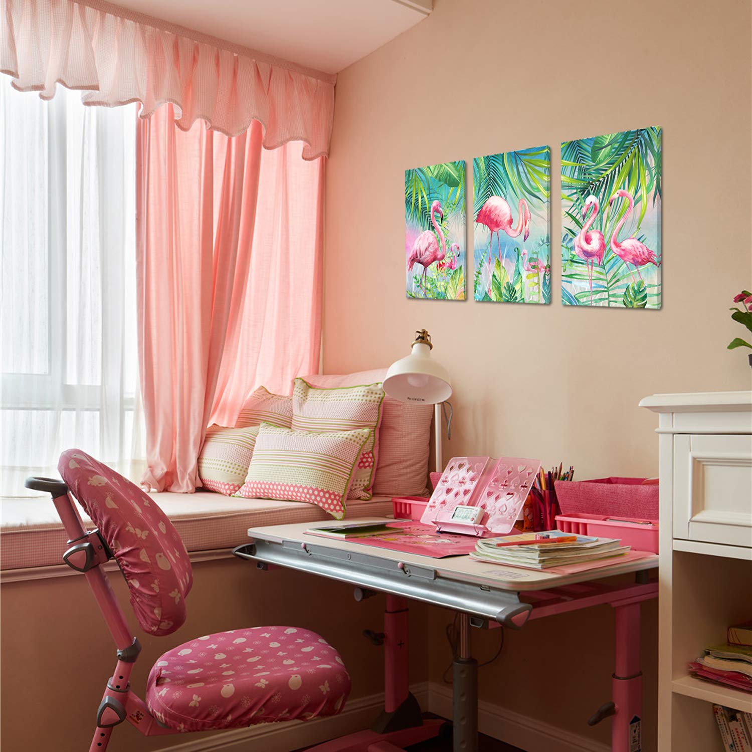 Yuanand Flamingo Wall Decor Animal Pictures - Palm Green Tropical Plant For Kids Girls Room Decor - Framed Posters Paintings Bed