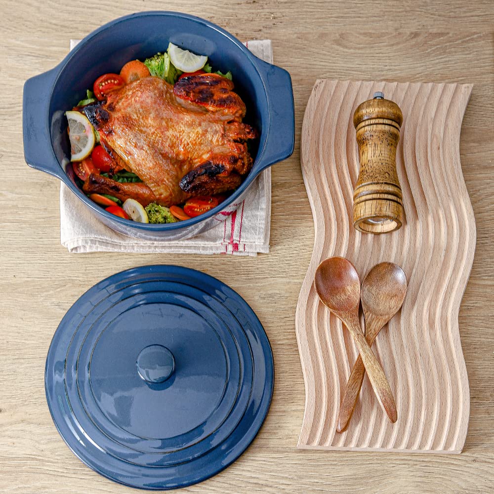 HVH Ceramic Casserole Dish Set, 2 Quart, Oven Safe, 9" Round Baking Dish with Lid, Deep Farmhouse Style, Blue