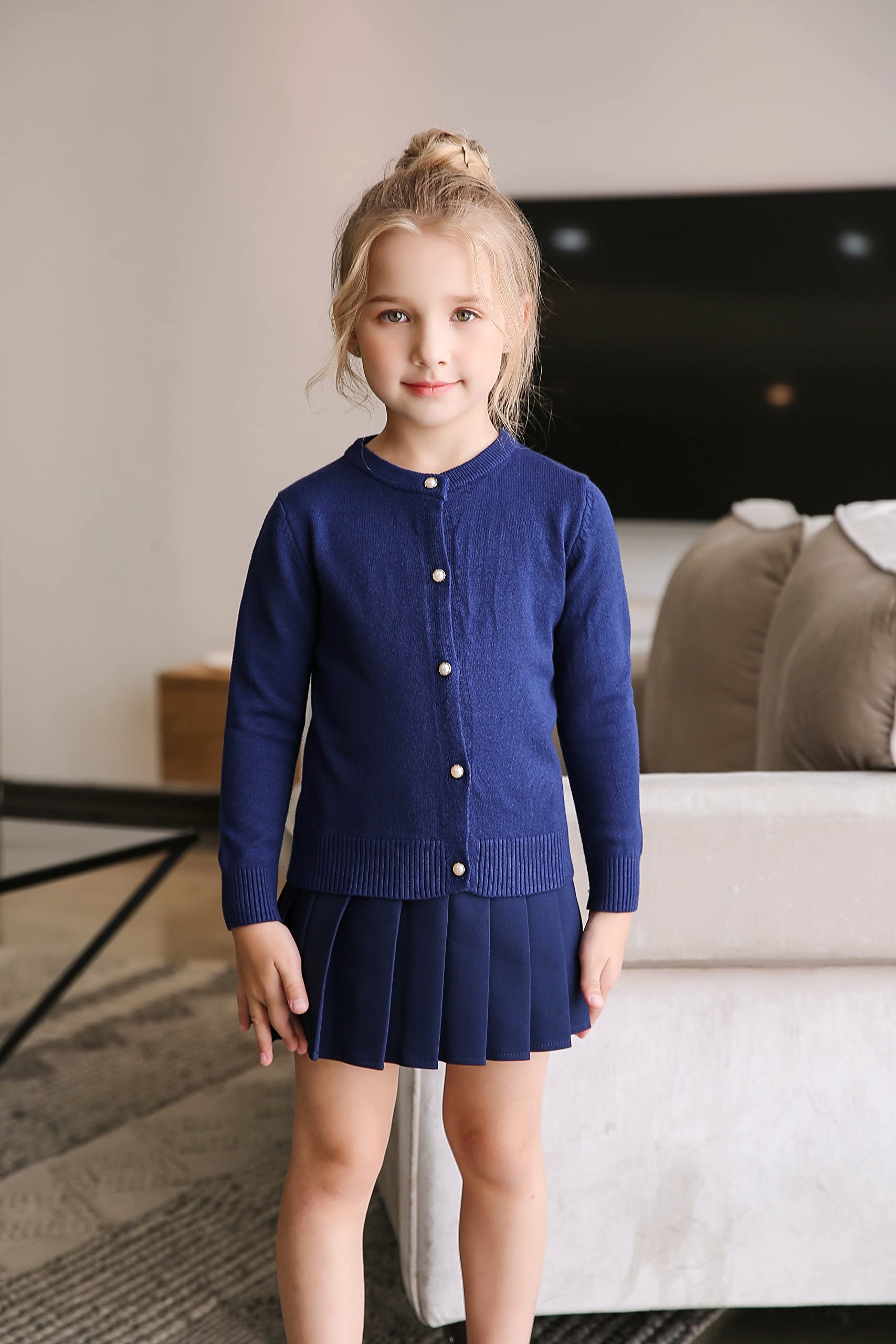 Smiling Pinker Little Girls Crewneck Cardigans Button Knitted Uniform Sweaters Solid Long Sleeves(7-8 Years,Navy Blue)