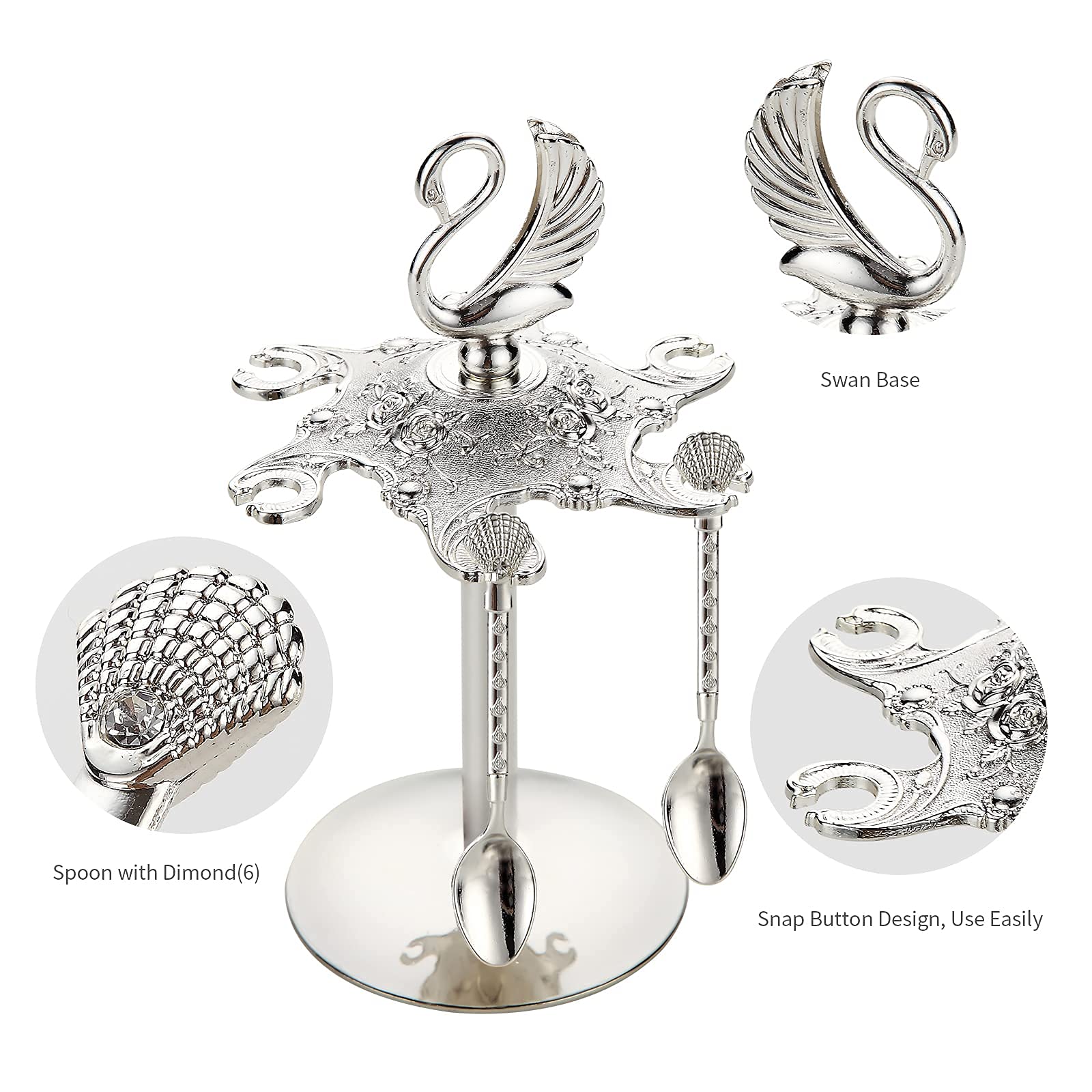 Decorative Swan Base Holder With 6 Spoons, Teaspoons, Coffee Dessert Spoons Set For Fruit, Stirring, Mixing, Sugar, Ice Cream, C