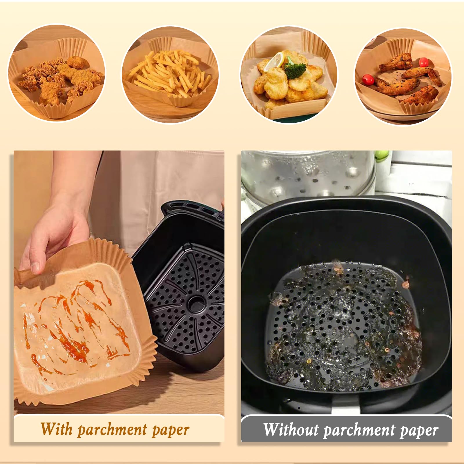 Square Air Fryer Liners Disposable, 100Pcs Nonstick Parchment Paper Liners Air Fryer Paper Liners For 2-5 Qt Air Fryer Baking Ro