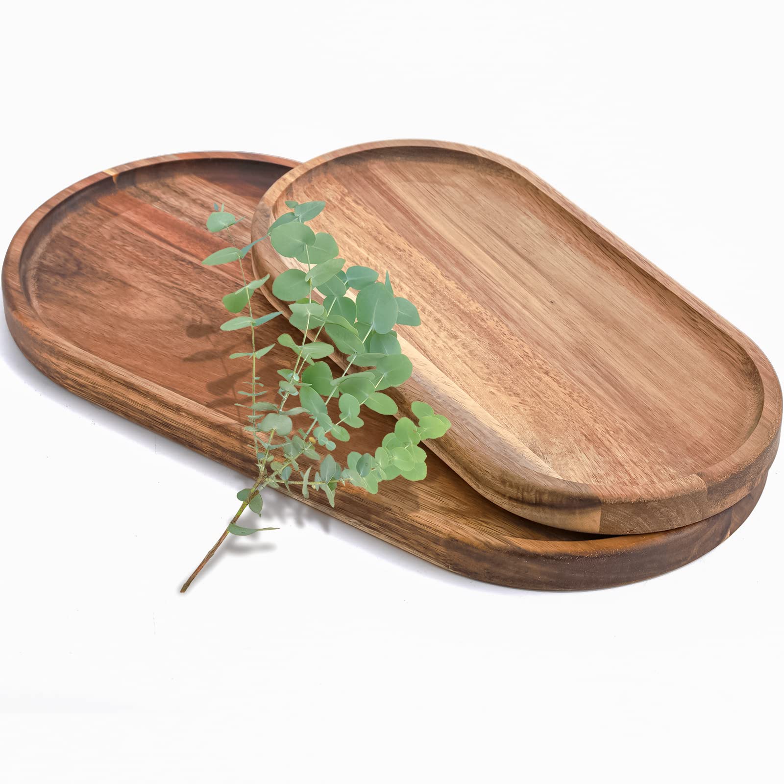 Elsjoy Set Of 2 Acacia Wooden Serving Trays, Natural Wood Serving Platters Set With Lip, Oval Charcuterie Plates Board Rustic Lo