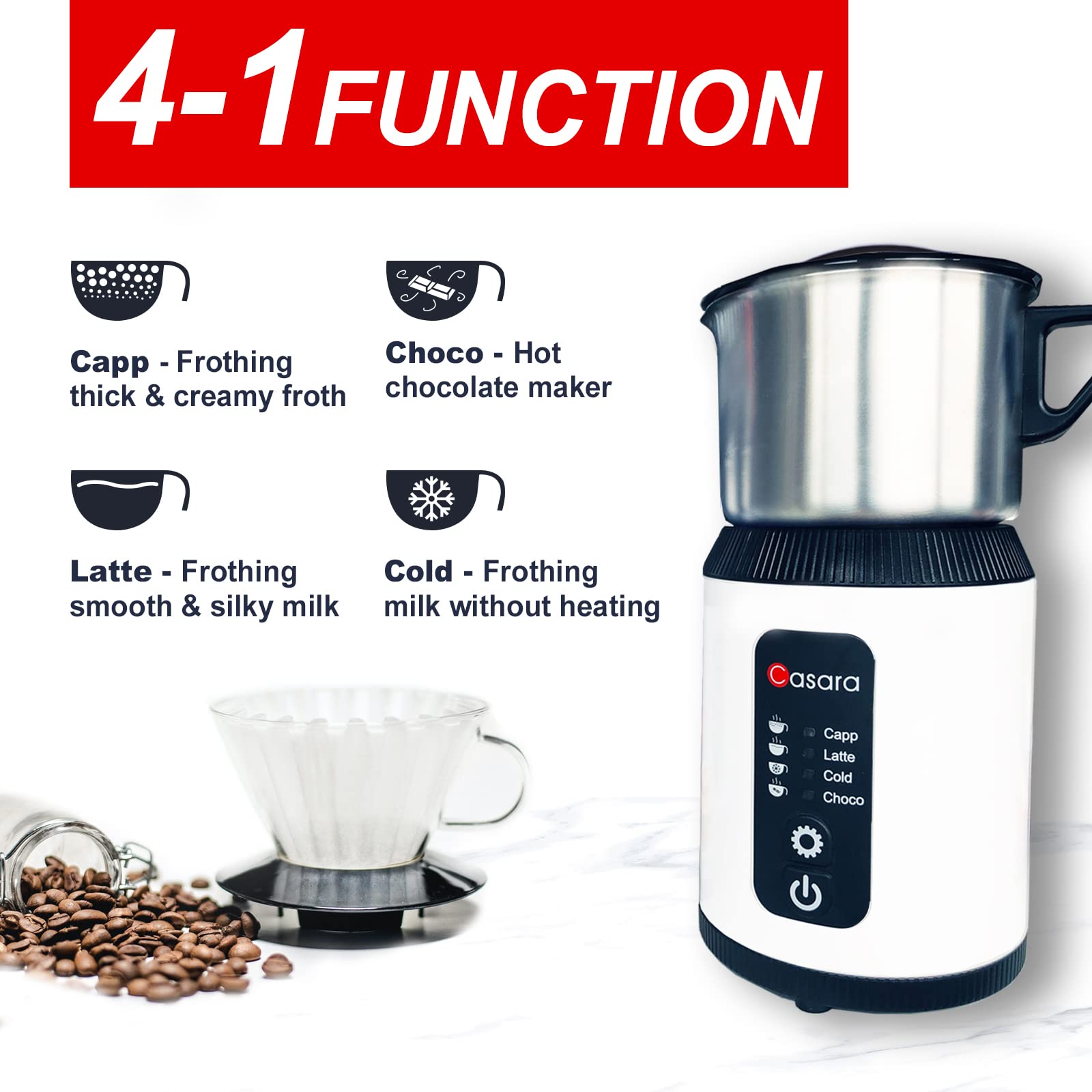 Casara Milk Frother and Steamer Machine  Warm and Cold Milk Foamer Professional Frothing Standard 4-in-1 Functions Dishwasher Safe 27oz Detachable Foam Maker for Latte Cappuccinos Hot Chocolate