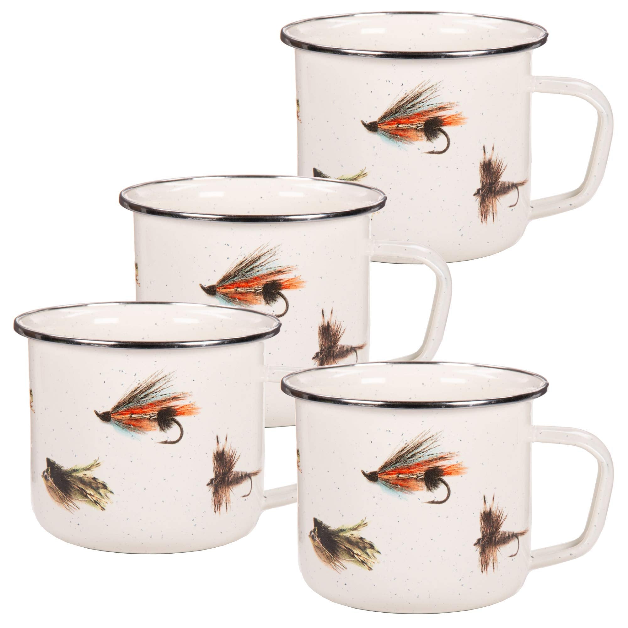 Golden Rabbit Enamelware Grande Coffee or Tea Mugs, 24 ounce, Fishing Fly, Set of 4