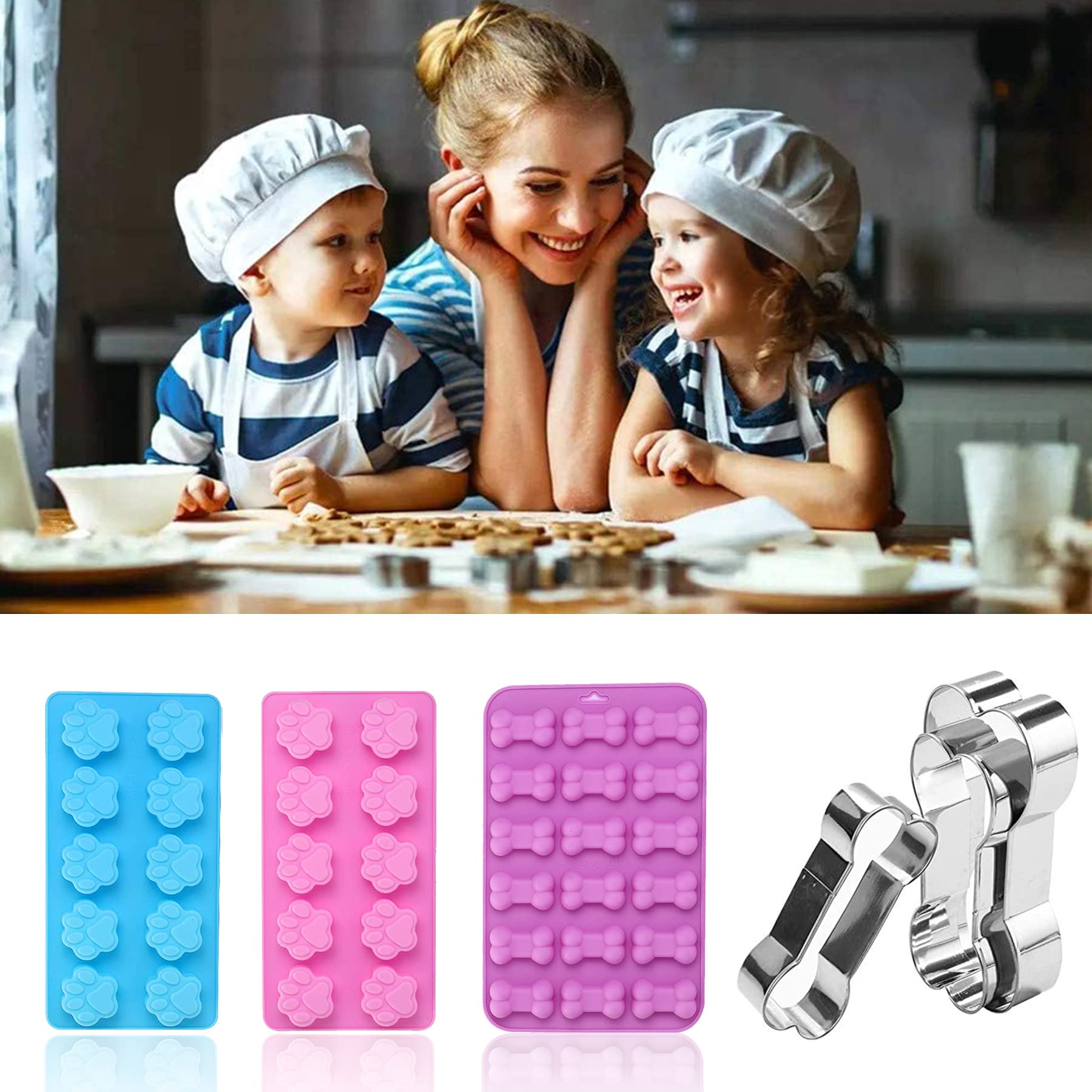 Set Of 6, 3 Packs Silicone Molds Puppy Dog Paw And 3 Packs Stainless Steel Bone Cookie Cutter,For Homemade Treats And Cat Dog An
