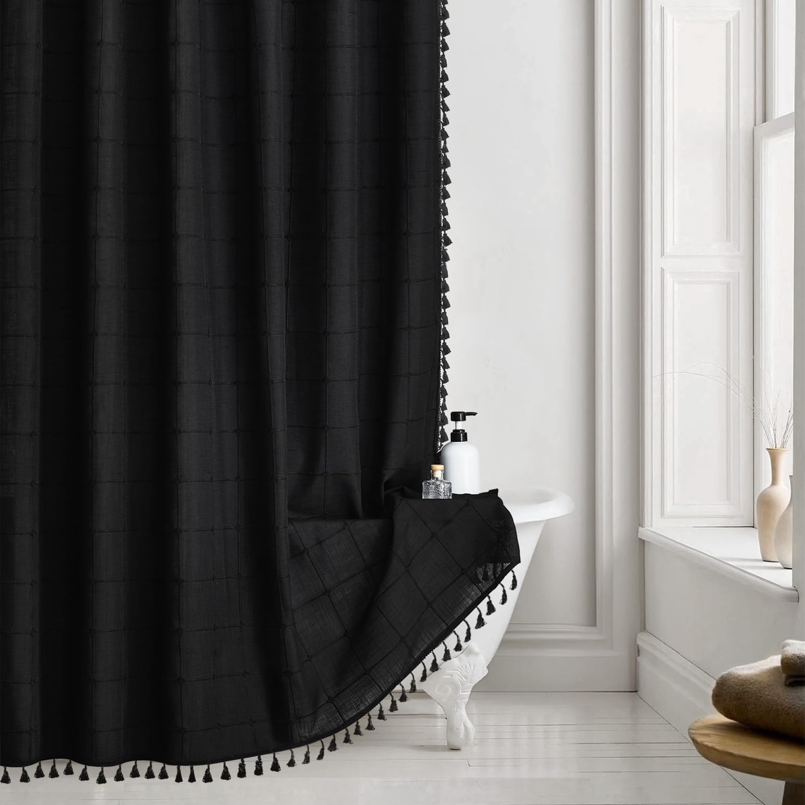 Extra Long Boho 84 Inch Shower Curtain Black Fabric With Tassels, Linen Rustic Heavy Duty Cloth Shower Curtain Set With Hooks, T