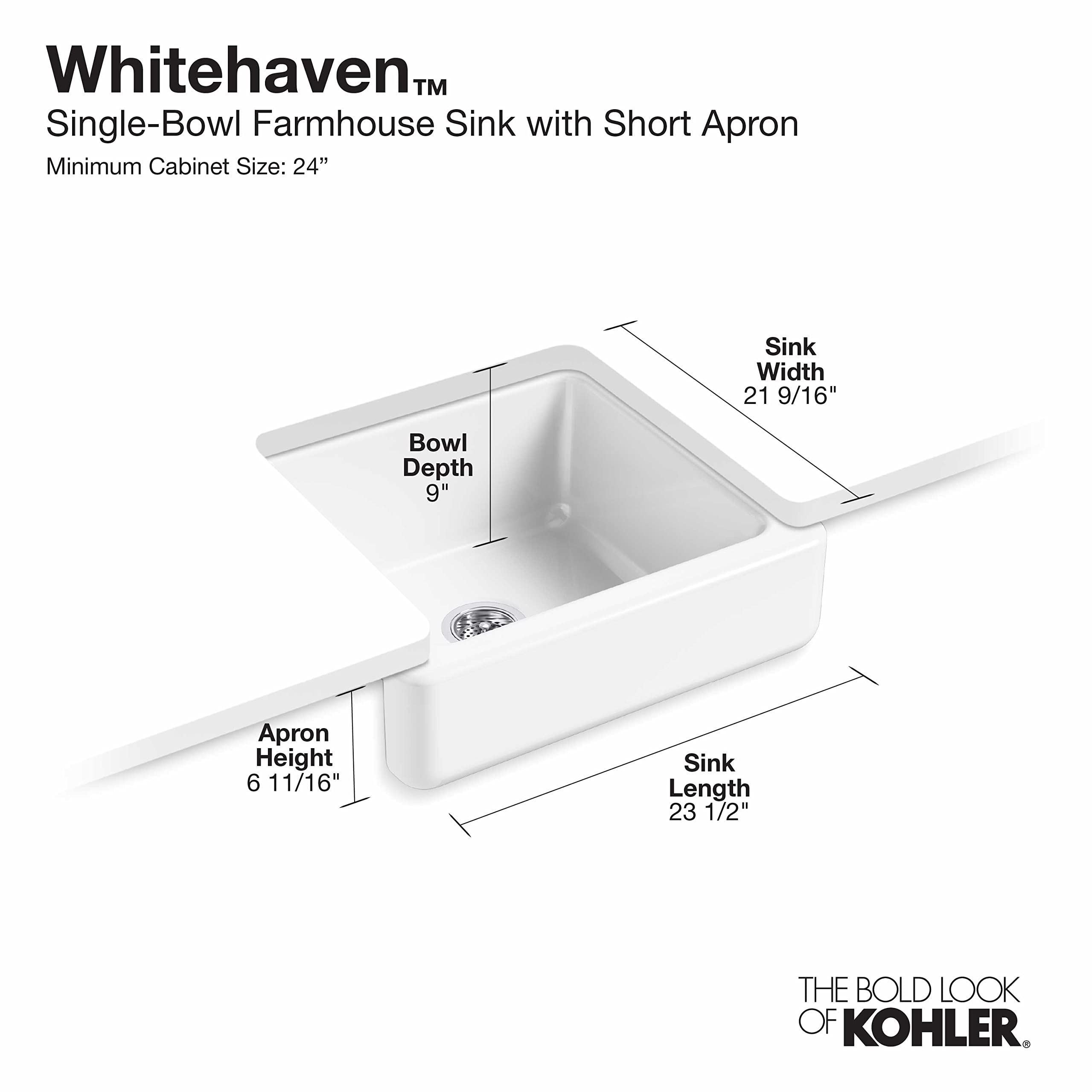 Kohler Whitehaven Farmhouse Self-Trimming Apron Front Cast Iron Sink, Single Bowl With Short Apron, 24 Inch, White