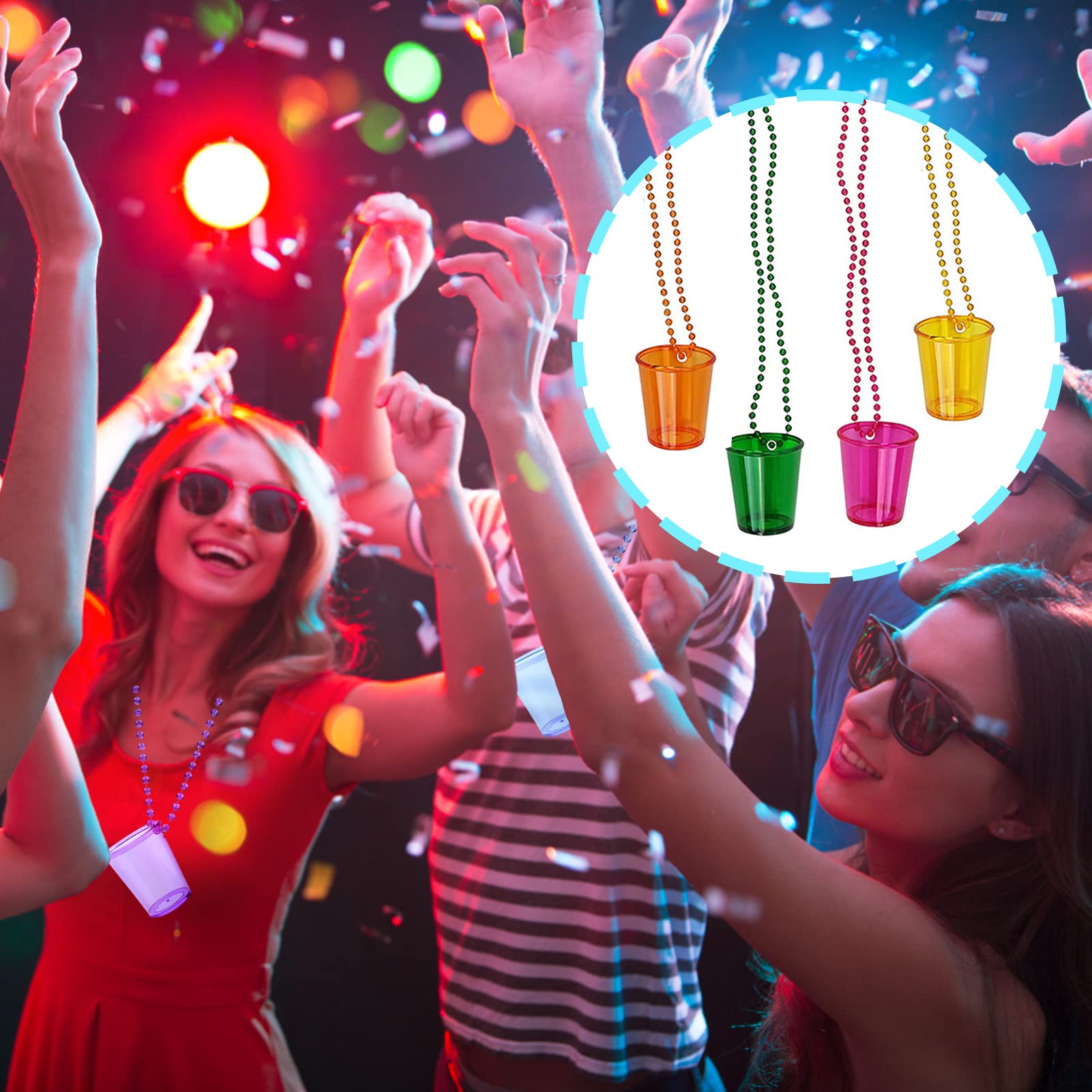 Inheming 8 Pieces Christmas Shot Glass On Beaded Necklace, Plastic Colorful Clear Shot Cup Necklace, Bachelorette Party Team Gro